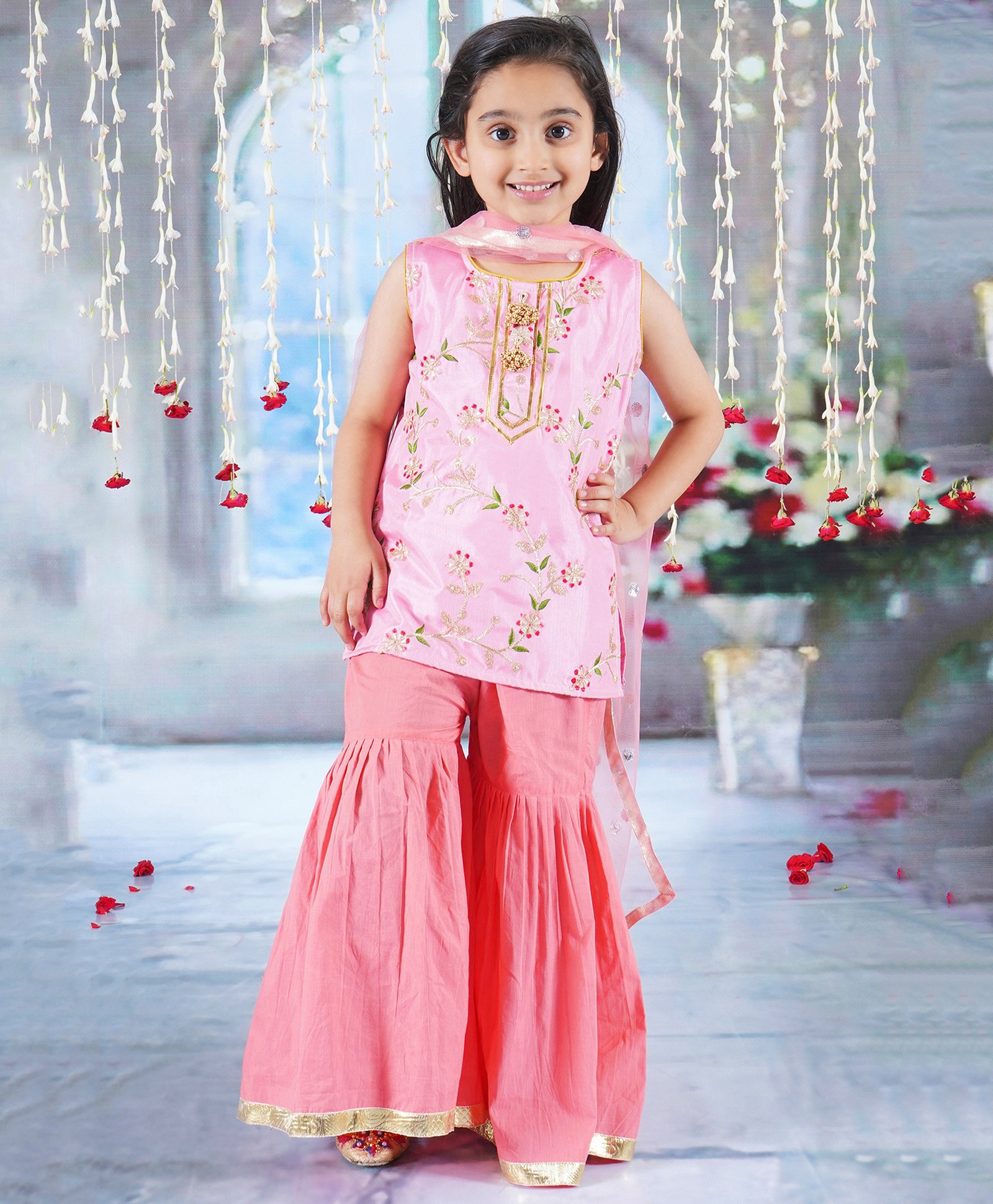 Little Bansi Sleeveless Floral Embroidered & Tassel Work Detailed Kurta Sharara With Dupatta - Coral-image-34
