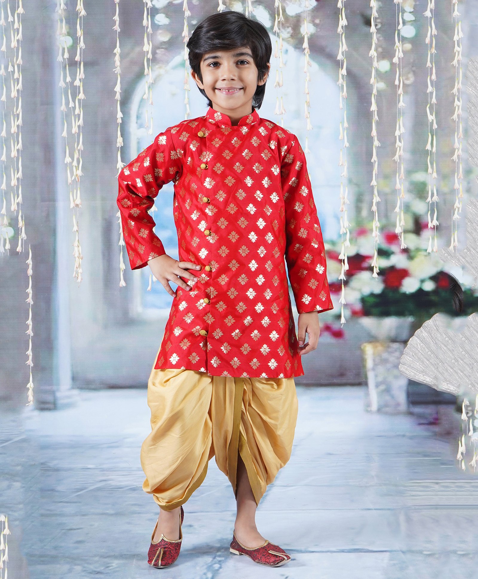 Little Bansi Cotton Full Sleeves Floral Printed Kurta With Dhoti - Red & Golden-picture-17