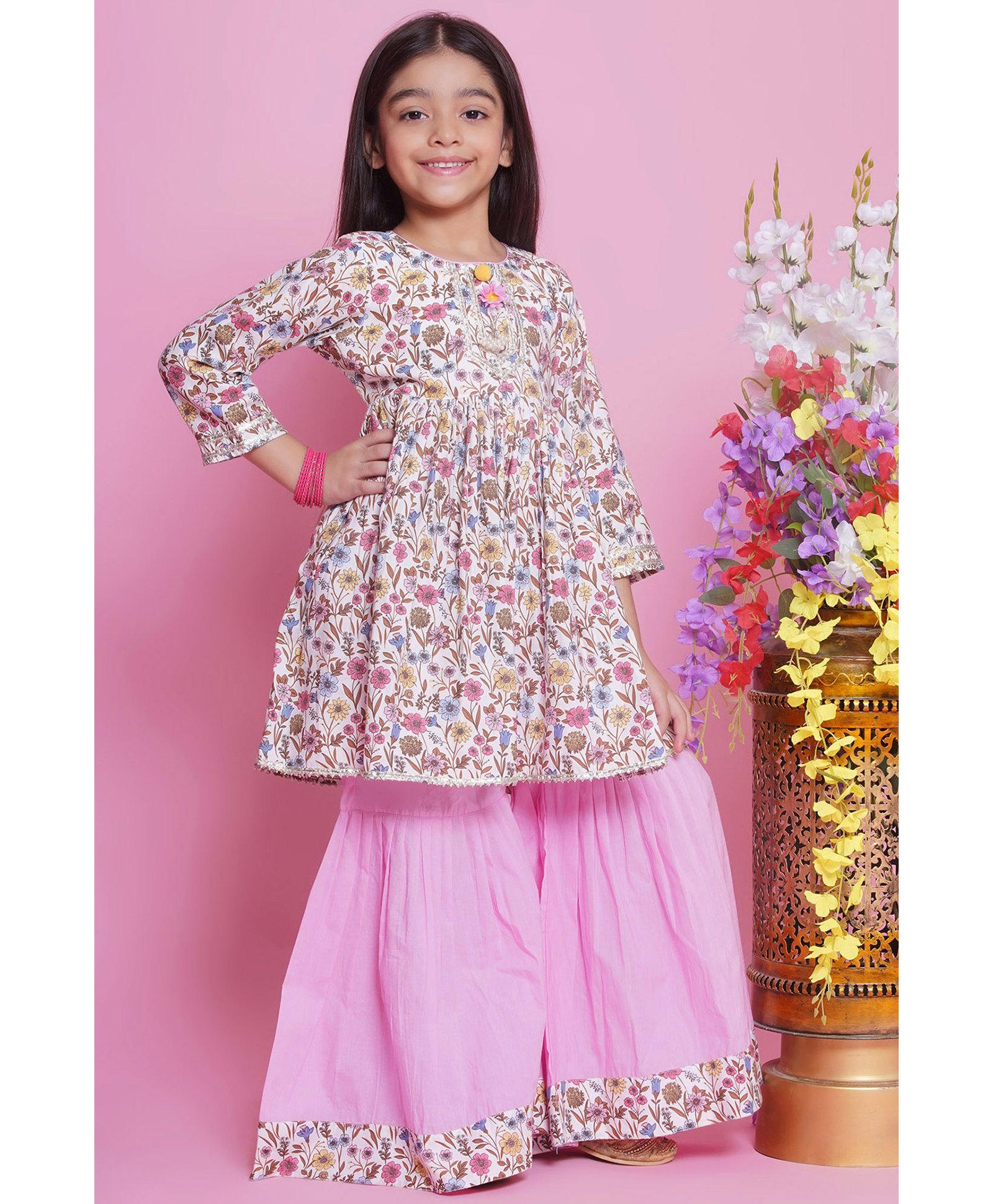 Little Bansi Cotton Three Fourth Sleeves Floral Printed Kurta Sharara And Dupatta Set - Pink-picture-18