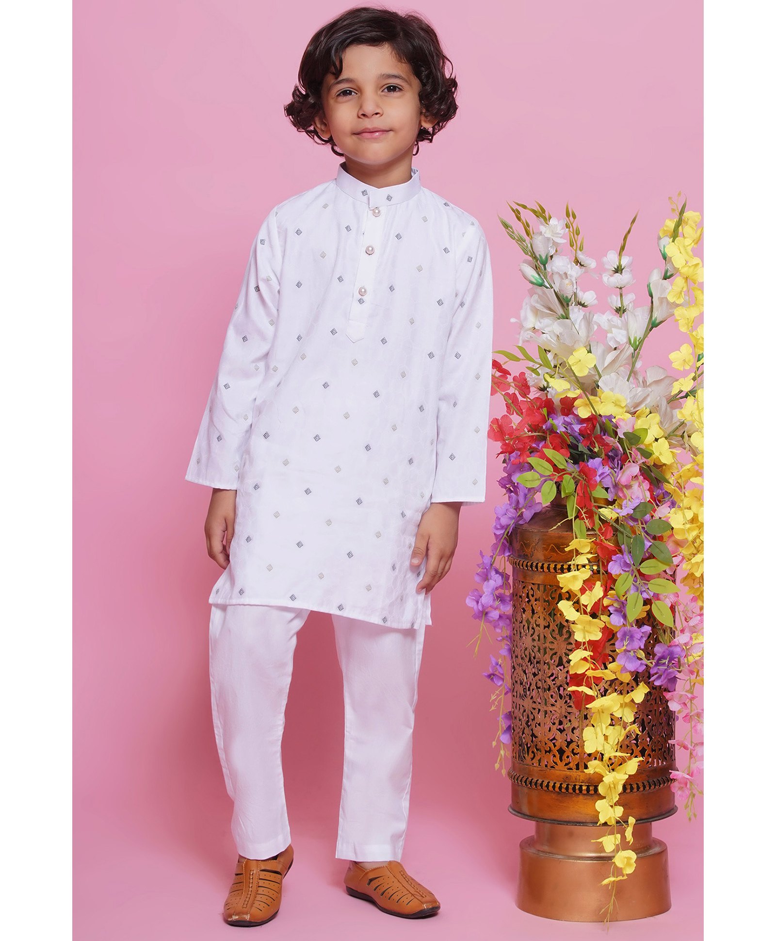 Little Bansi Cotton Full Sleeves Leaf Printed Kurta With Pyjama - White-picture-13