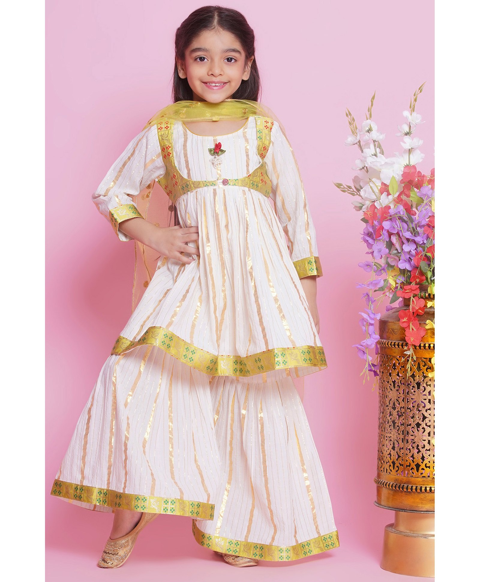 Little Bansi Cotton Three Fourth Sleeves Abstract Foil Printed & Beads Embellished Kurta Sharara Dupatta  Set - Cream-picture-42
