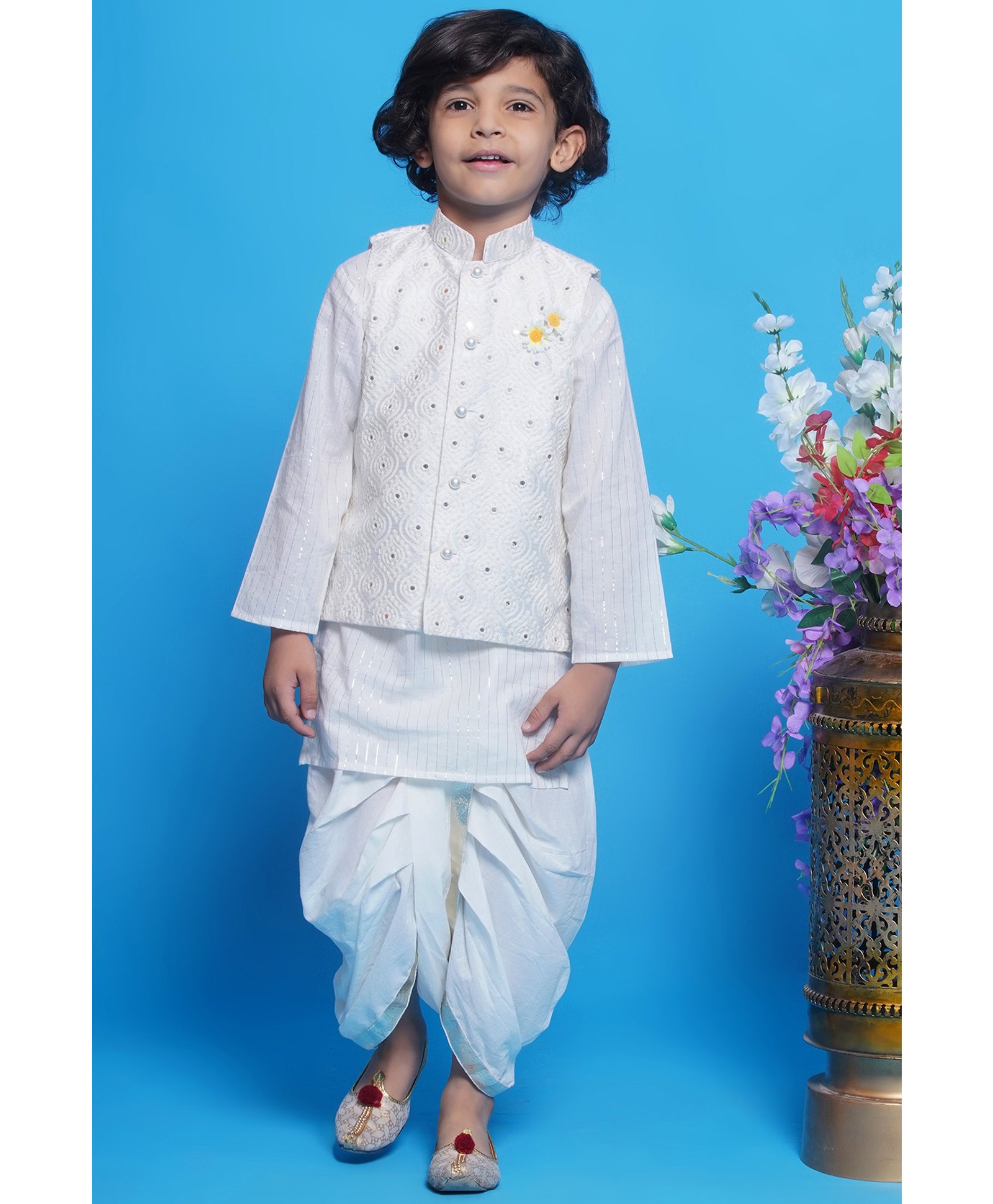 Little Bansi Cotton Full Sleeves Floral Embroidered Nehru Jacket With Foil Striped Kurta And Dhoti Set - Cream-picture-19