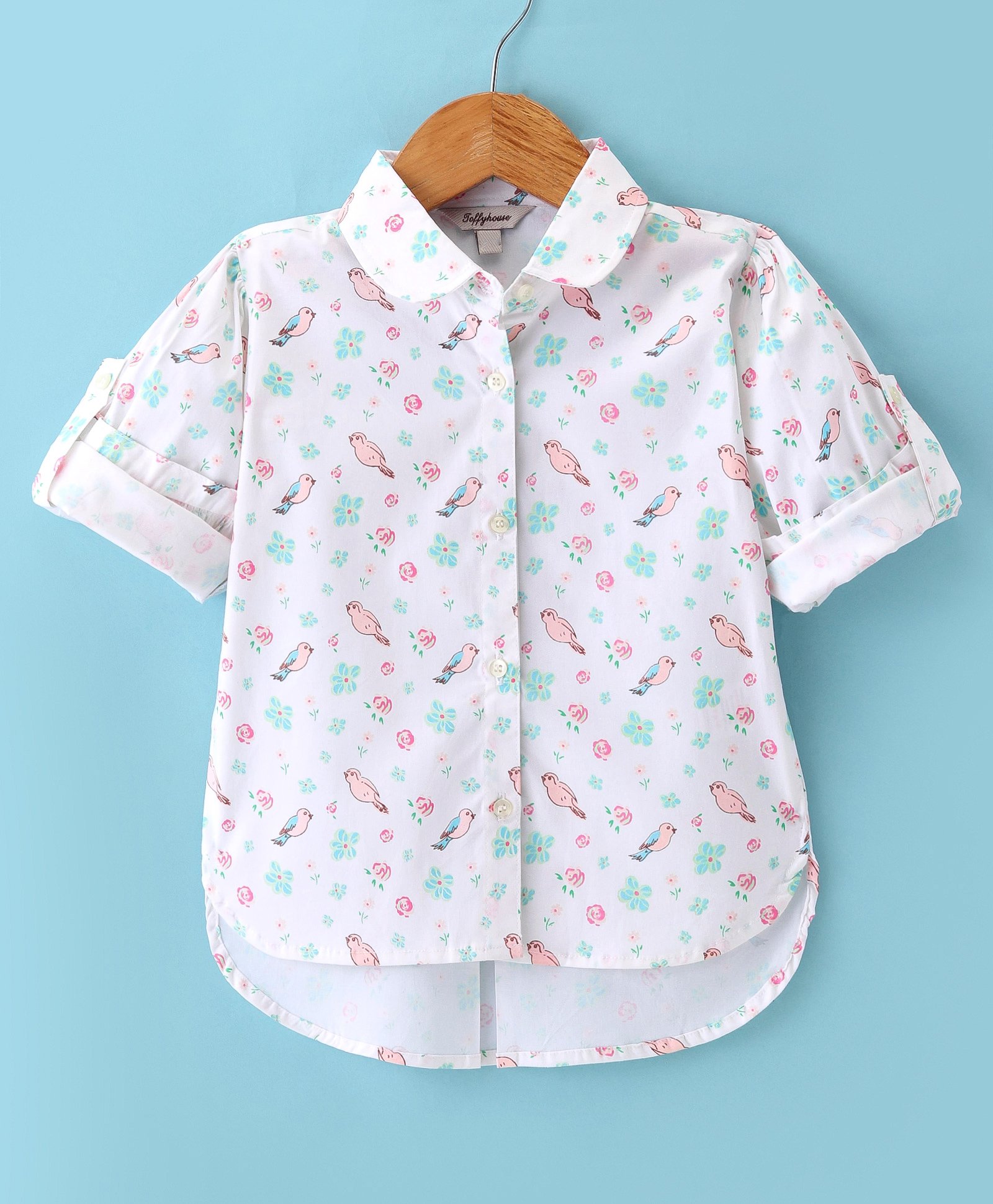ToffyHouse Cotton Poplin Woven Full Sleeves Front Open Top With Floral Print - White-picture-42