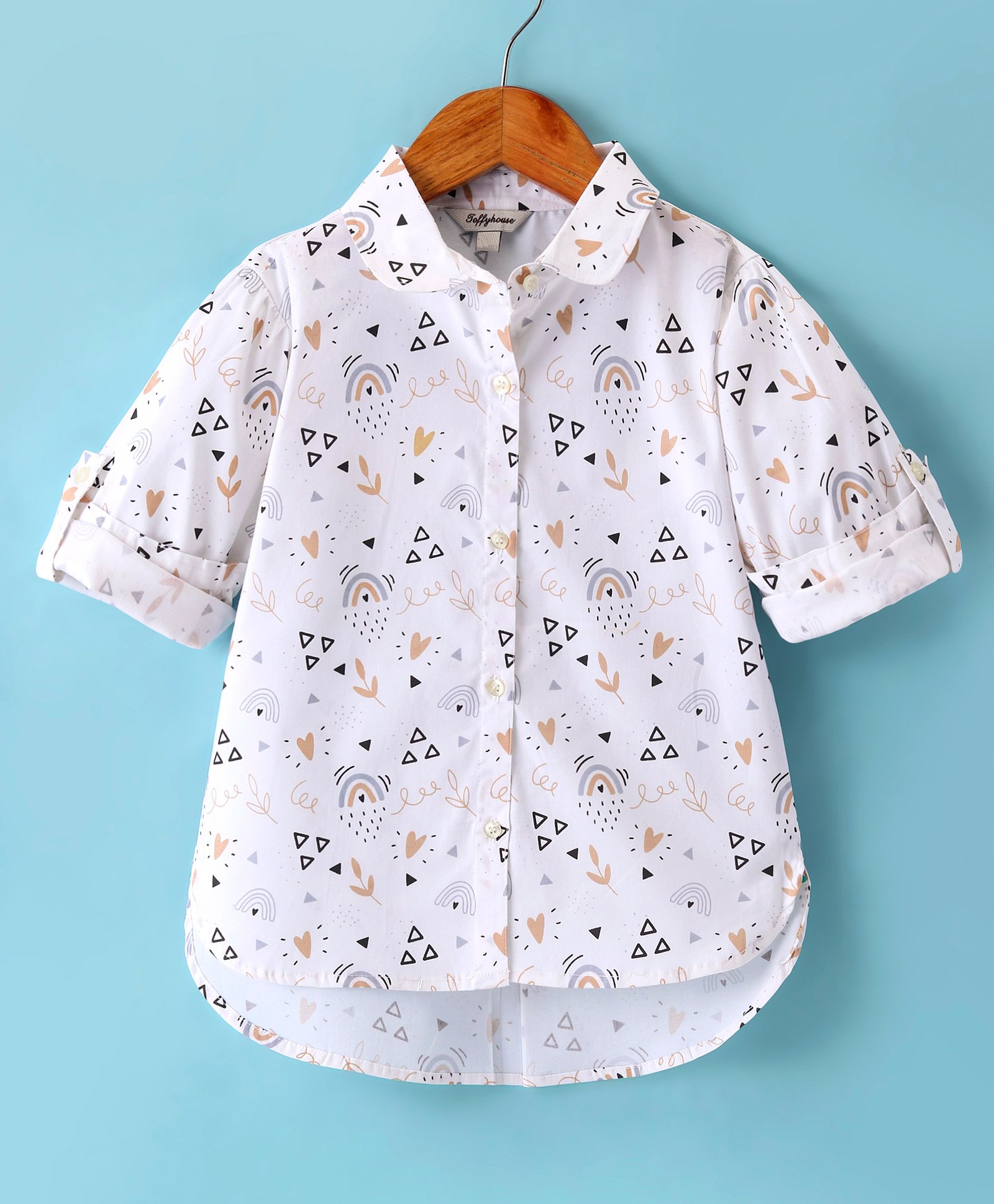 ToffyHouse Cotton Poplin Woven Full Sleeves Front Open Top With Heart Print - White-picture-38