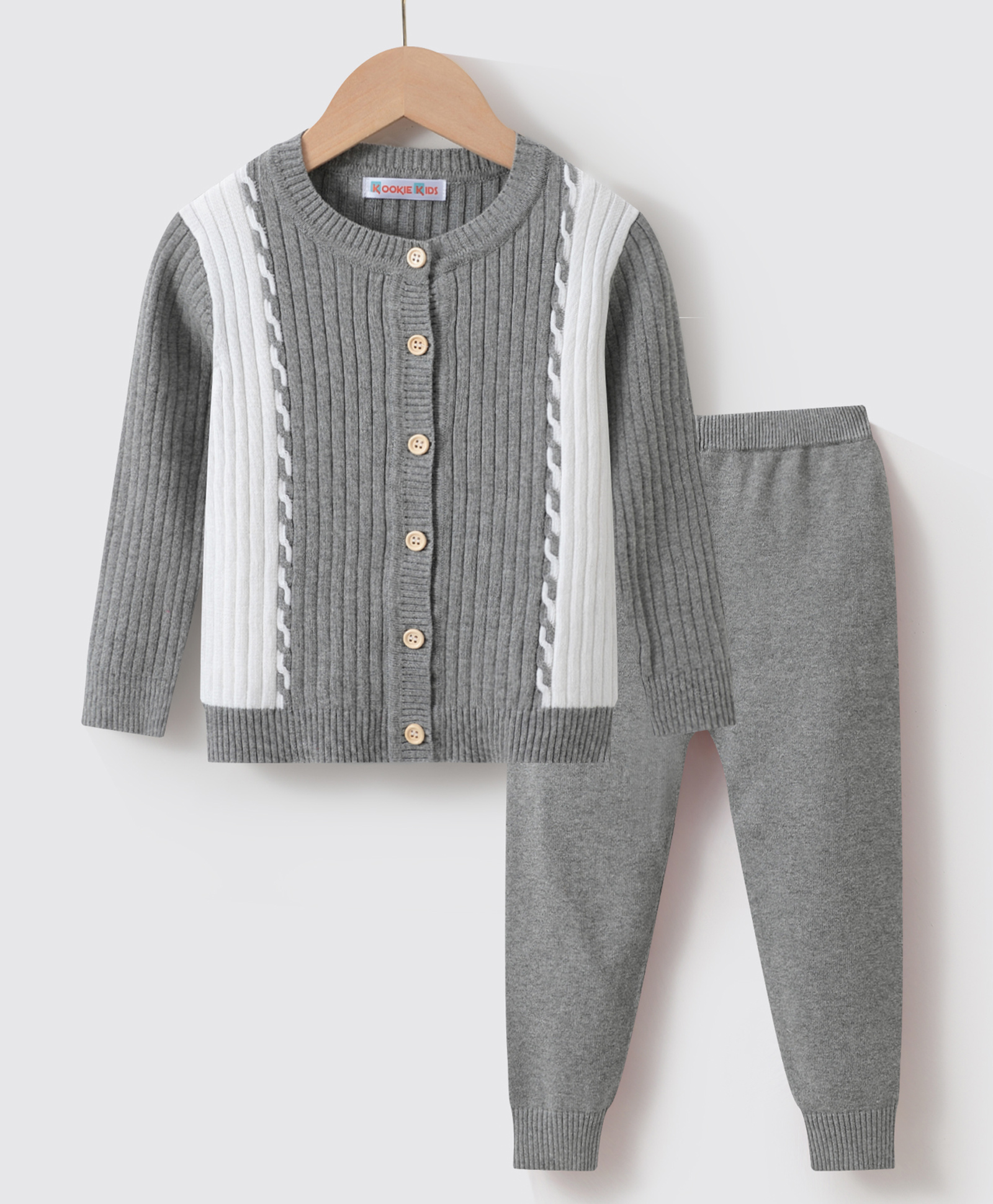 Kookie Kids Full Sleeves Front Open Sweater Set With Cable Knit Design - Grey-image-31