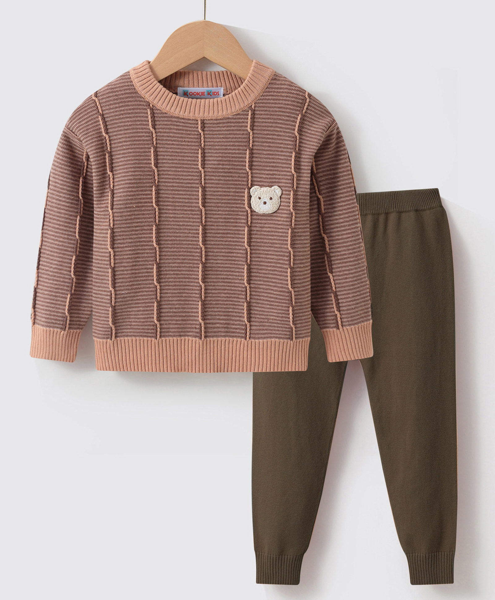 Kookie Kids Full Sleeves Pullover Sweater Set With Cable Knit Design & Bear Patch Detailing - Brown-image-36