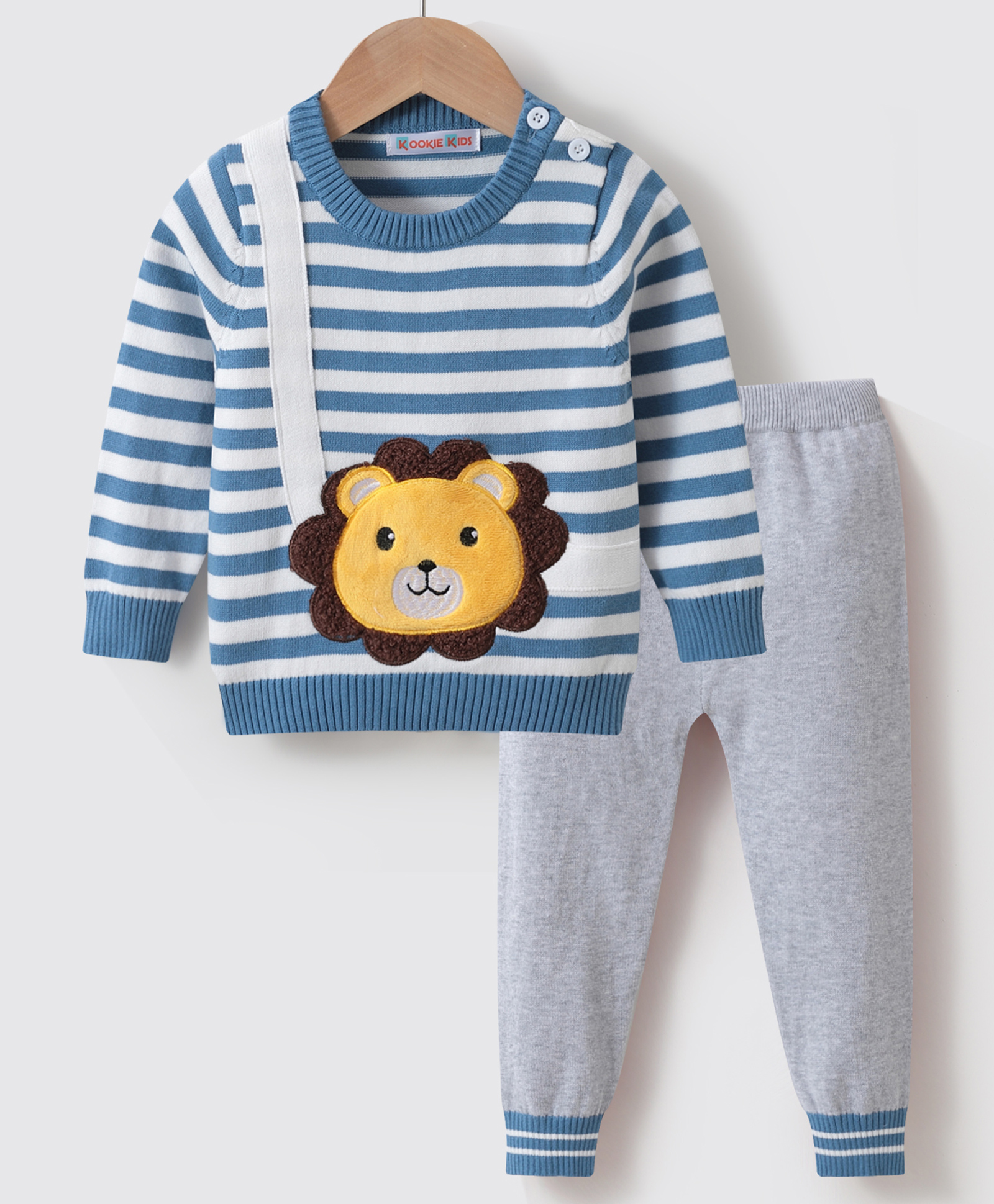 Kookie Kids Full Sleeves Pullover Sweater Set With Stripes & Bear Embroidery Detailing - Sky Blue-image-30