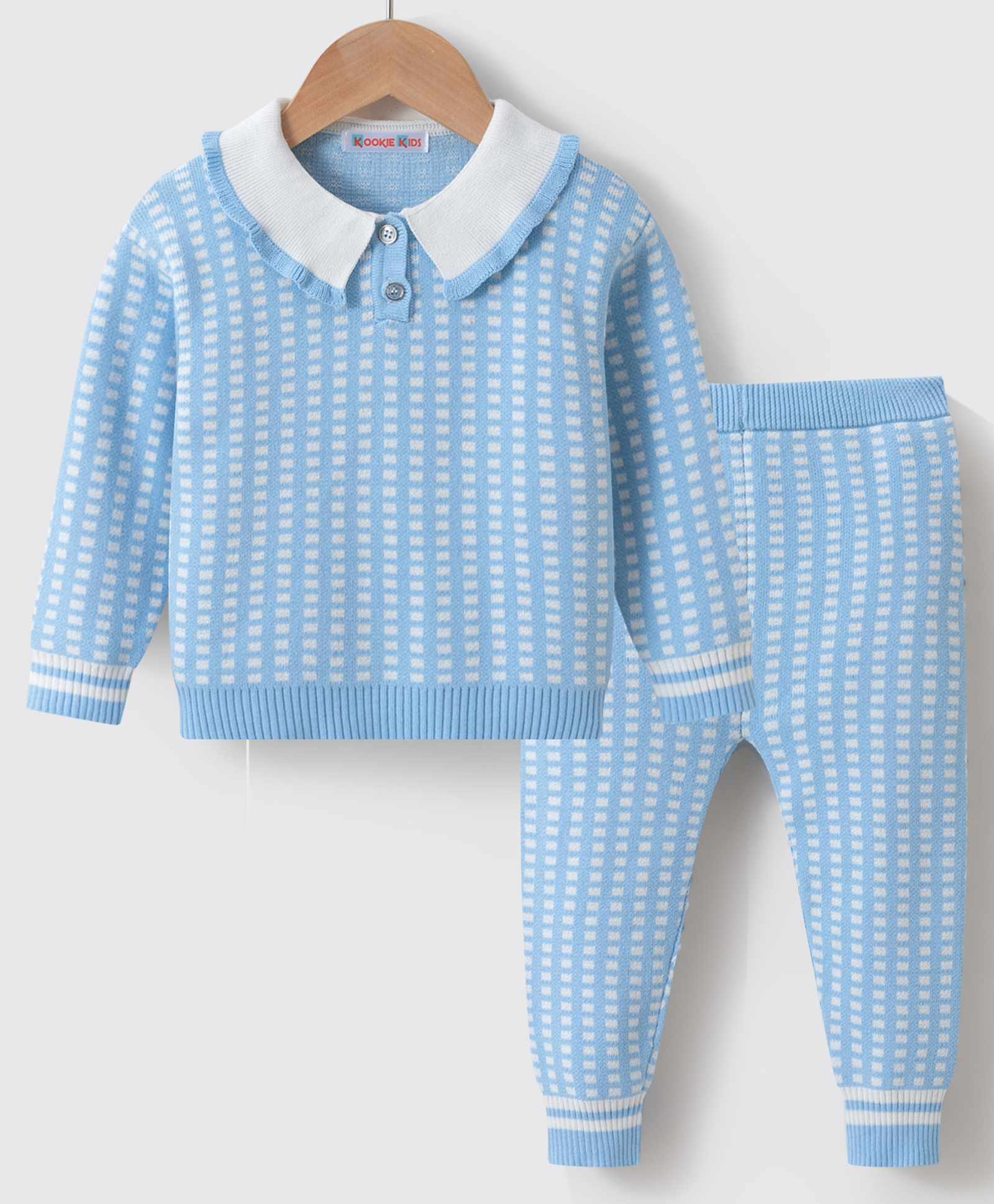 Kookie Kids Cotton Full Sleeves Collar Neck Sweater Set With Checks Design - Sky Blue-image-33