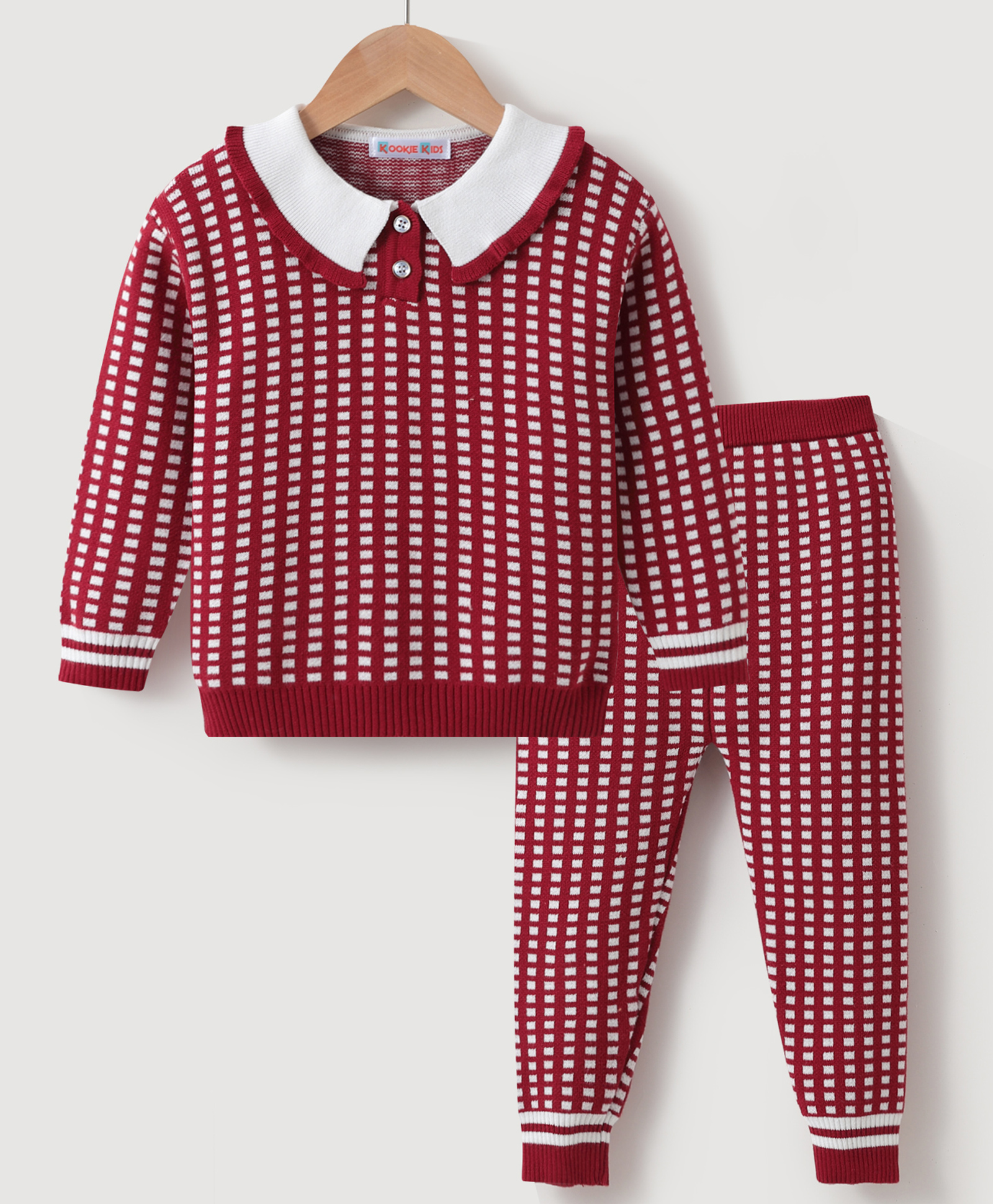 Kookie Kids Cotton Full Sleeves Collar Neck Sweater Set With Checks Design - Maroon-image-34