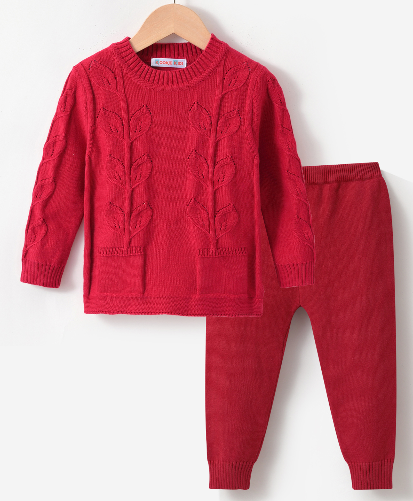 Kookie Kids Full Sleeves Pullover Sweater Set With Solid Colour & Cable Knit Design - Red-image-19