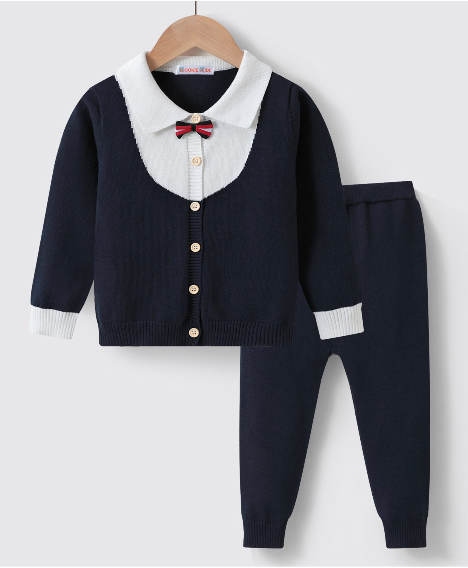 Kookie Kids Full Sleeves Front Open Collar Neck Sweater Set With Bow Applique - Navy Blue-image-31