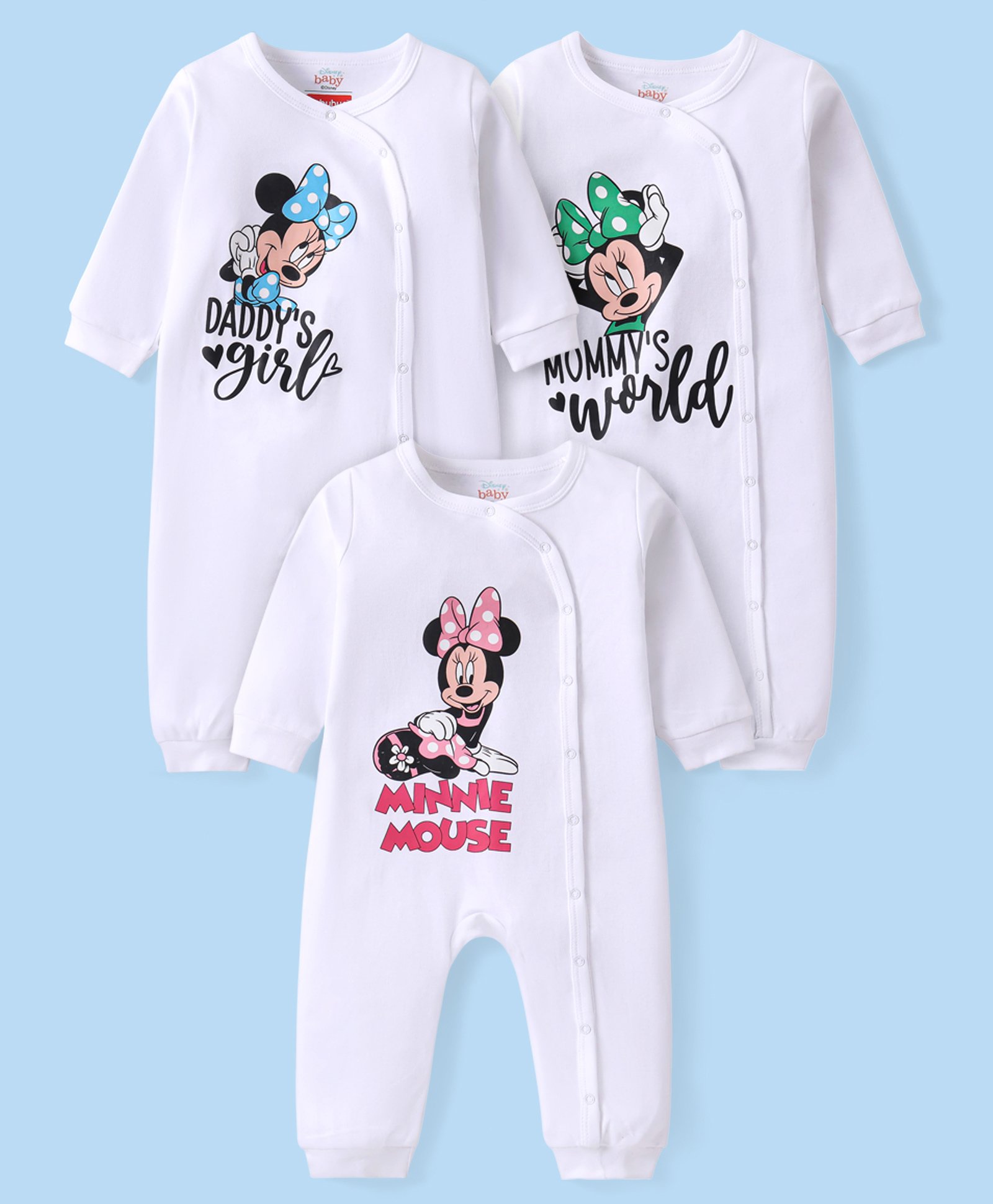 Babyhug Disney Interlock Knit Full Sleeves Front Open Rompers with Minnie Mouse Graphic Pack of 3 -White-picture-19