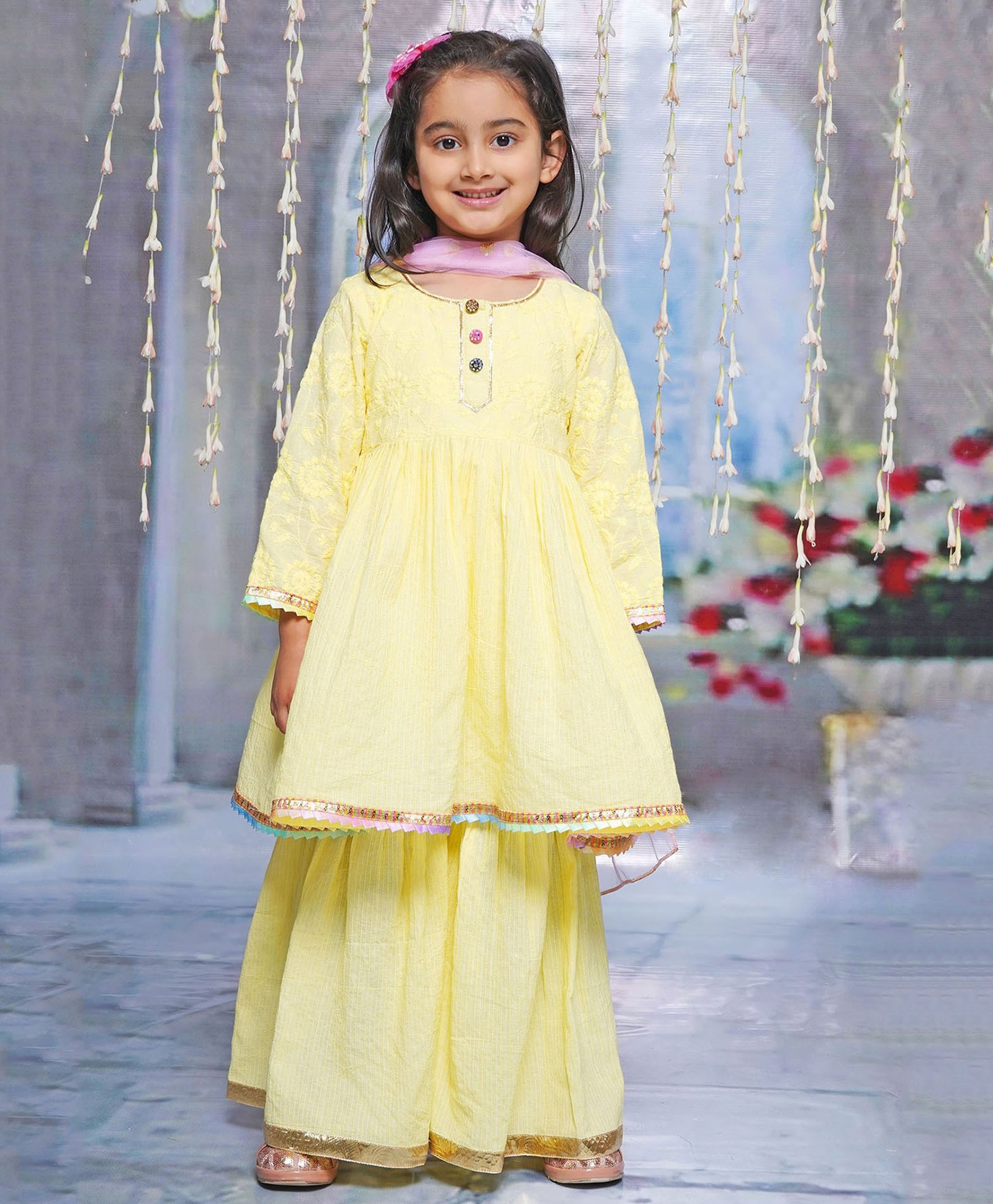 Little Bansi Cotton Three Fourth Sleeves Floral Embroidered Kurta Sharara With Dupatta Set - Lemon Yellow-picture-28
