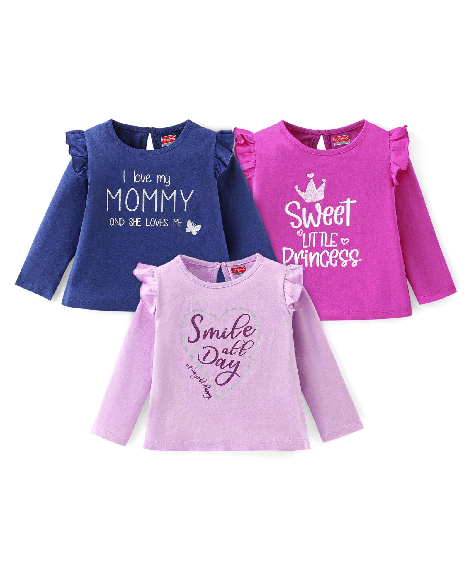Babyhug Cotton knit Full Sleeves Tops with Frill Detailing & Text Print Pack of 3 - Multicolour-picture-17