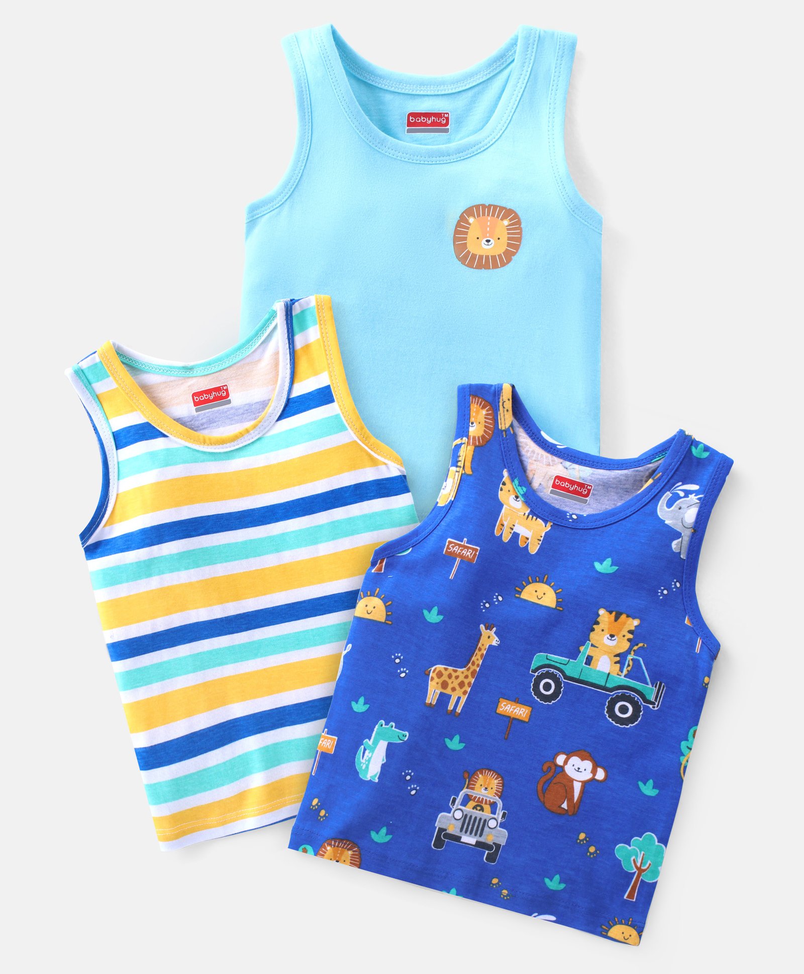 Babyhug 100% Cotton Single Jersey Knit Sleeveless Antibacterial Sandos with Stripes & Animals Print Pack of 3 - Yellow & Blue-image-44