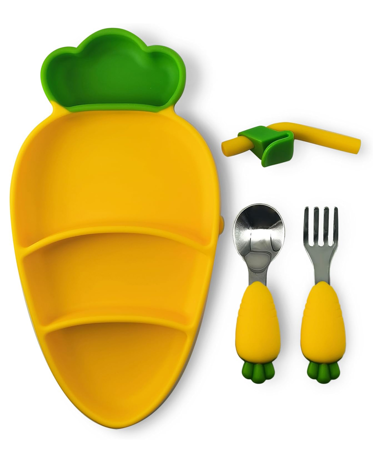 Cots and Cuddles Carrot Design Tableware Silicone Feeding Plate with Spoon Fork Straw for Infants Baby and Toddler Kids (Yellow)-image-22