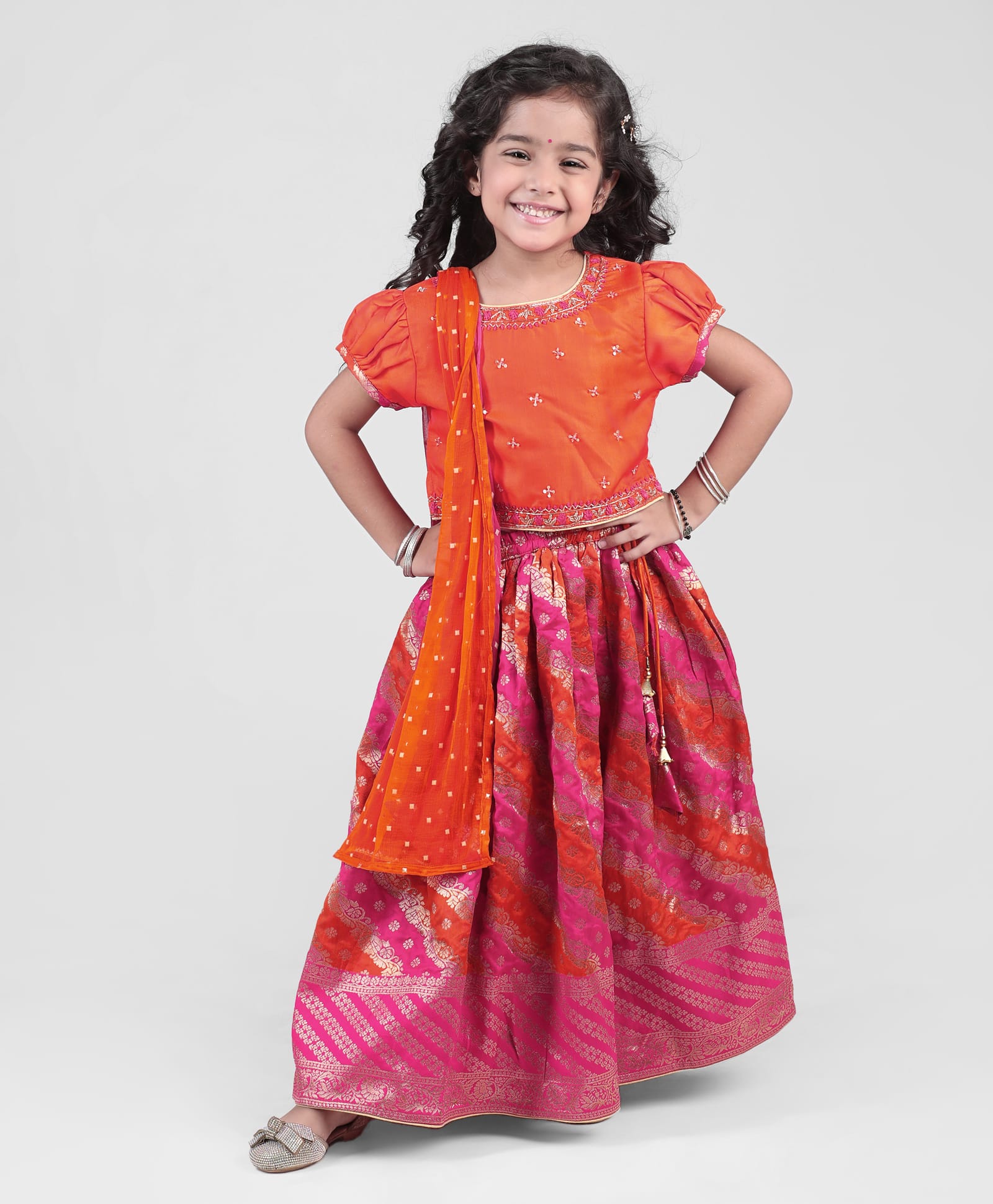 Babyhug Woven  Short Sleeves Sequin  Embroidered Choli & Floral Printed  Lehenga Set with Duppatta - Orange & Fuschia-image-35