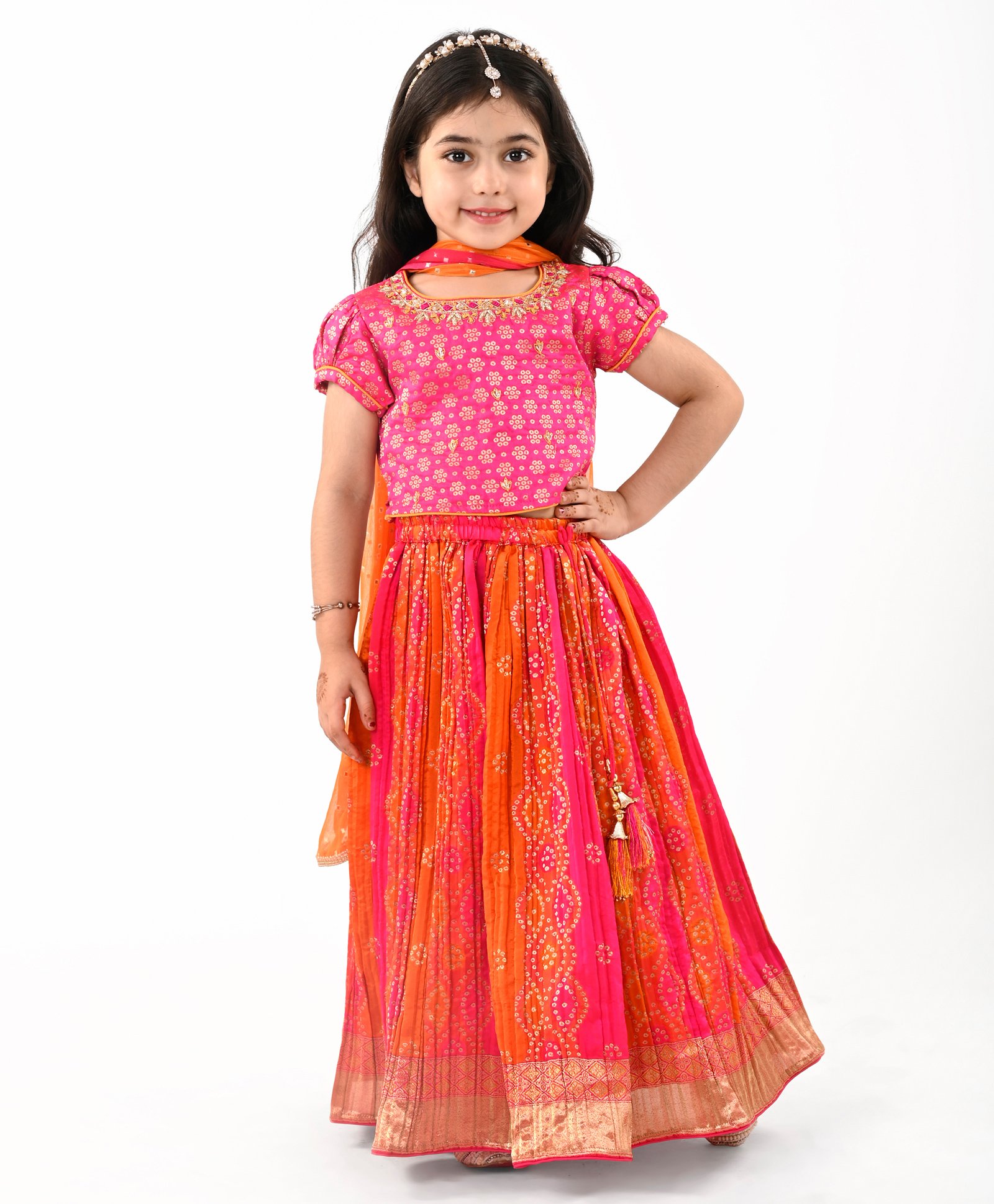 Babyhug Woven Short Sleeves Embroidered Choli with Brocade Lehenga & Dupatta Set - Fuschia-image-36