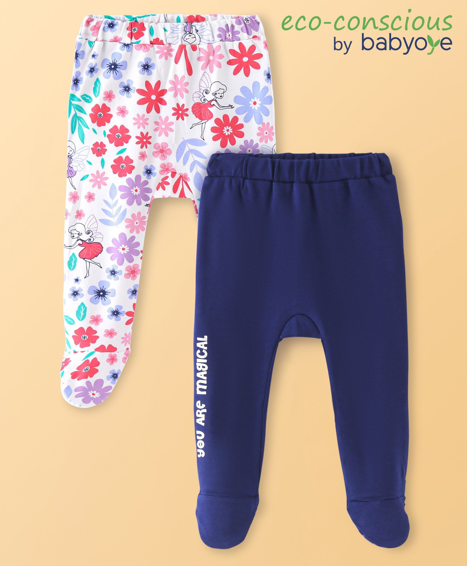 babyoye Babyhug 100% Cotton Knit Bootie Leggings with Floral & Text Print Pack of 2 -  Multicolour-picture-20