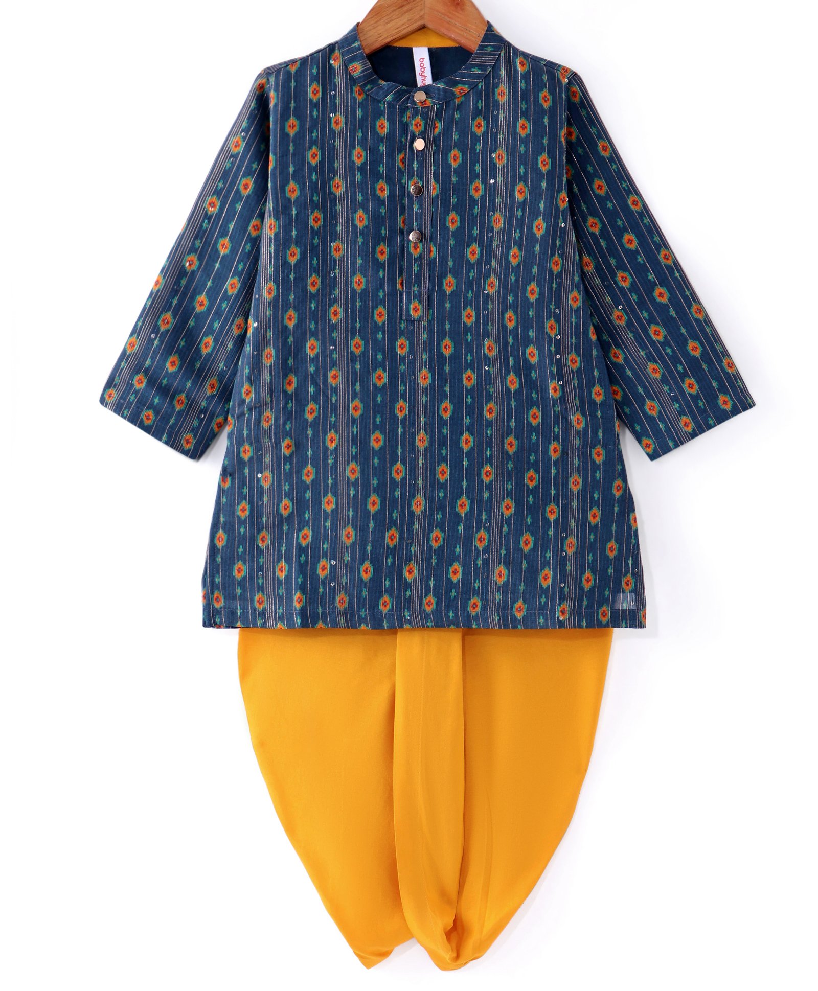 Babyhug Woven Full Sleeves Printed & Sequinned Kurta Dhoti Set - Teal-image-42