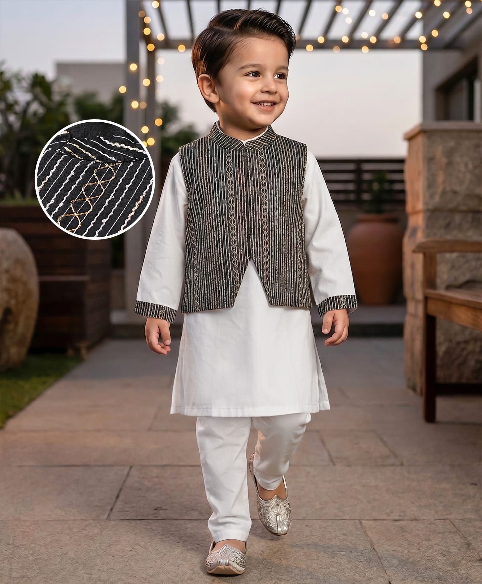 Babyhug Woven Full Sleeves Solid Kurta Pyjama Set With Sequinned Embroidered Jacket - Off White-picture-27