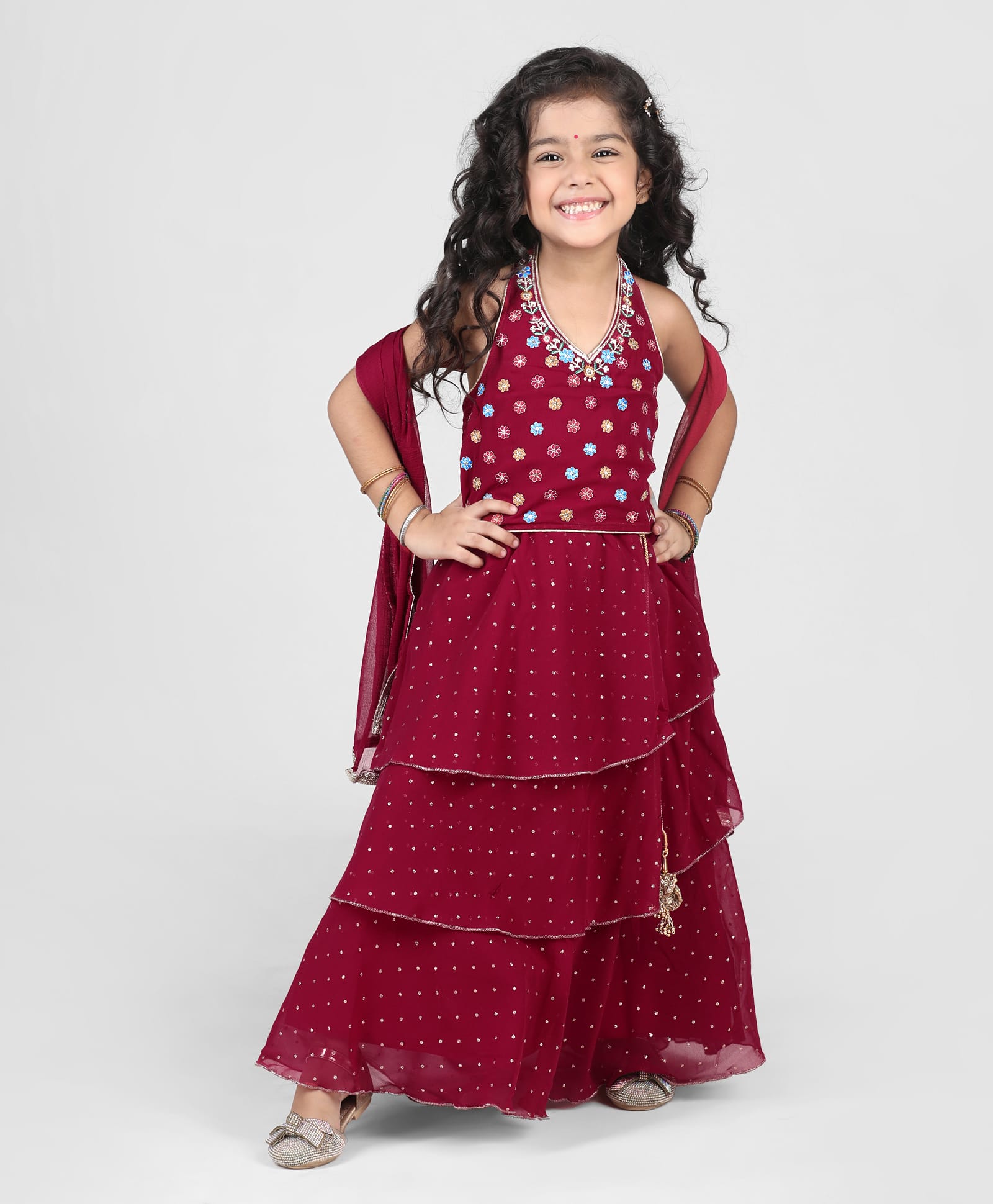 Babyhug Woven Sleeveless Halterneck Embroidered Choli With Foil Print Layered Lehenga & Dupatta Set - Hot Pink-image-17