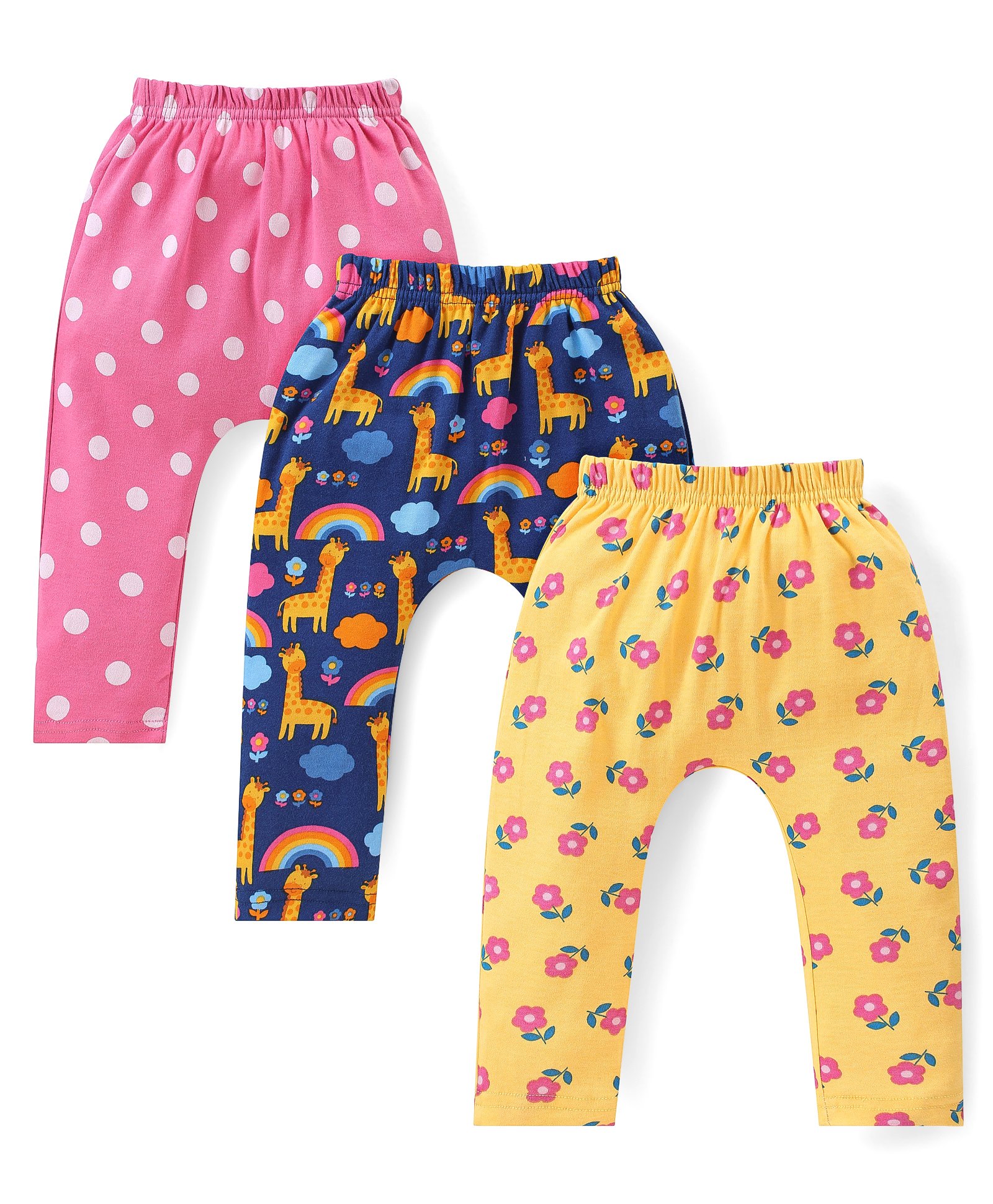 Babyhug Interlock Knit Full Length Diaper Leggings with Floral Polka Dots & Giraffe Print Pack of 3 - Blue Pink & Yellow-image-34