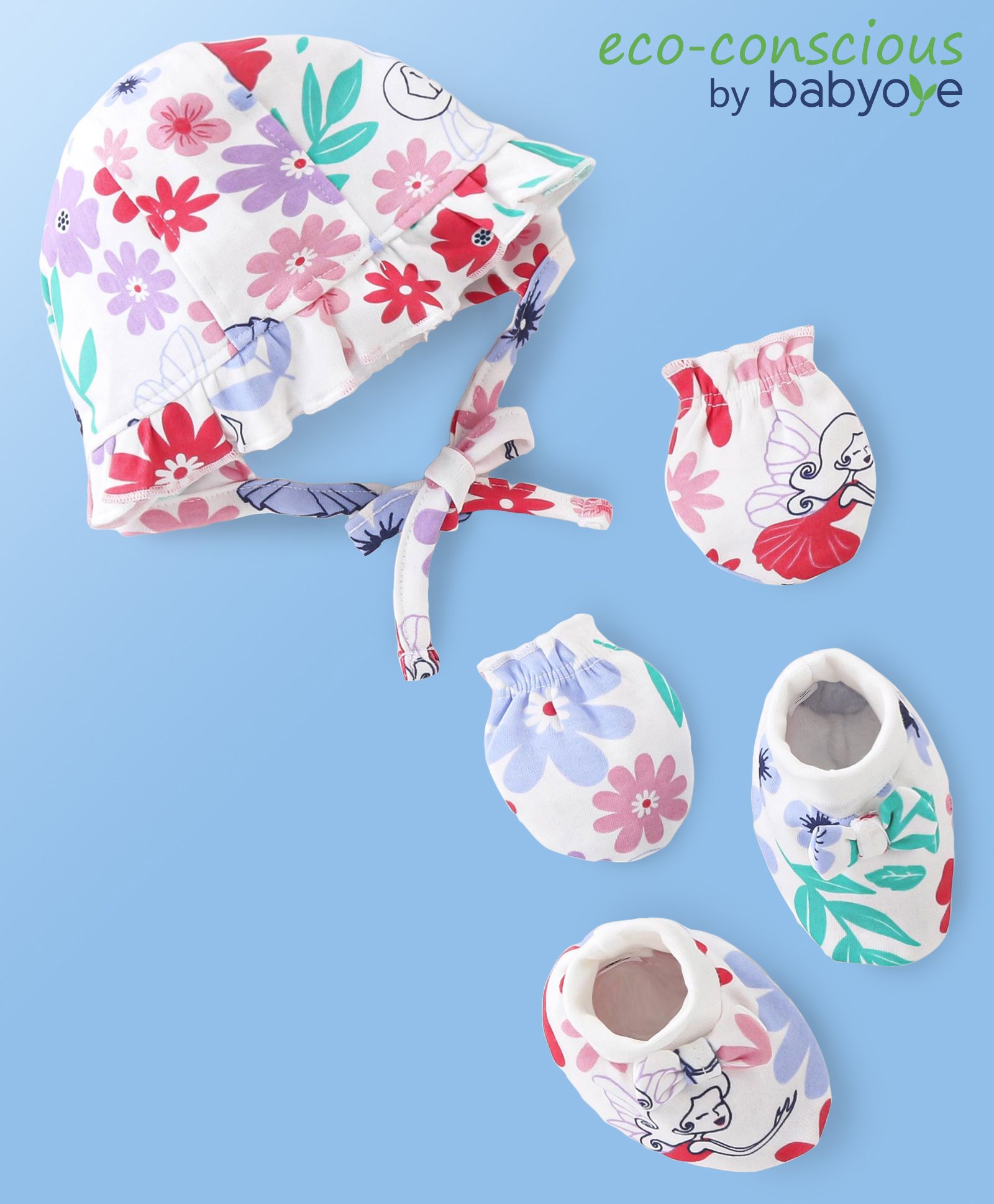 Babyoye 100% Cotton Cap Mittens & Booties Set Floral Print  - White-image-49