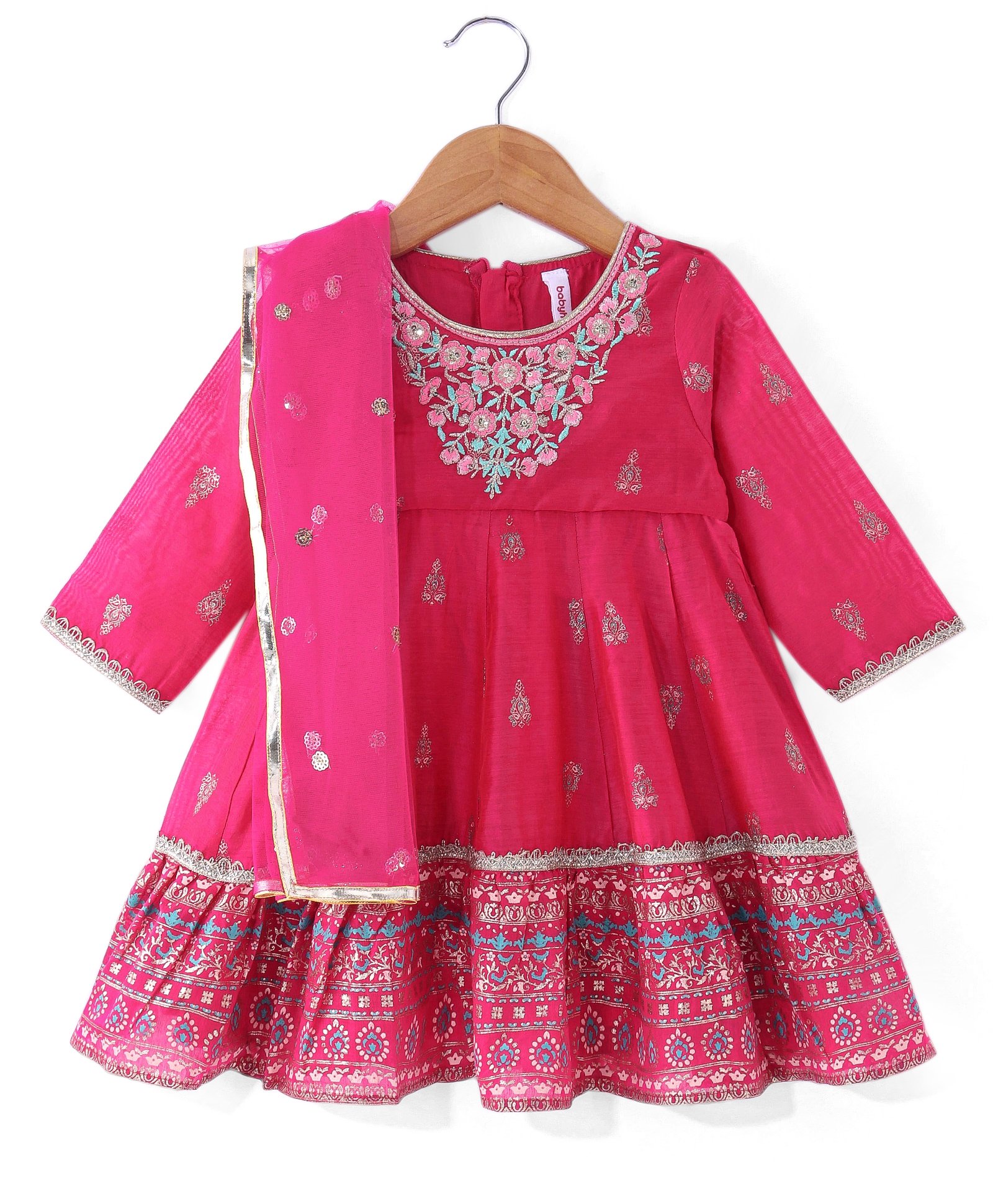 Babyhug Woven  Three Fourth  Sleeves Full Length Foil Printed Ehtnic Dress with Net Dupatta Embroidery & Sequenced Detailing  - Fuschia-image-6