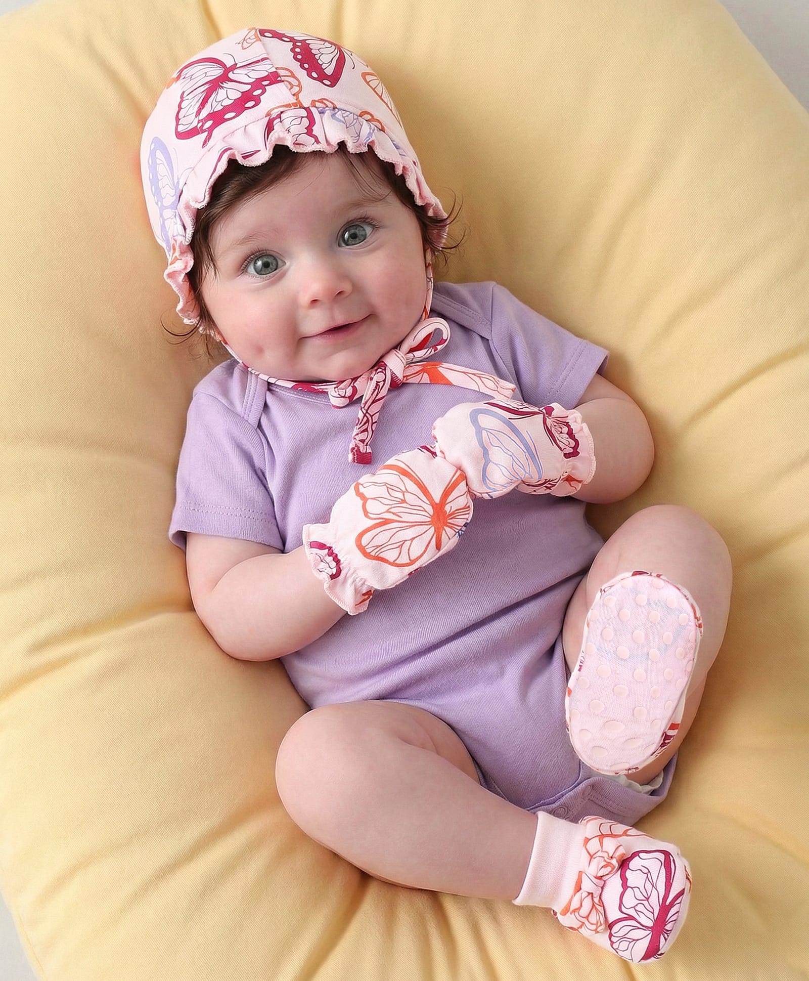 Babyoye 100% Cotton Knit Cap Mittens & Booties Butterfly Print-Pink & Marshmallow-picture-25