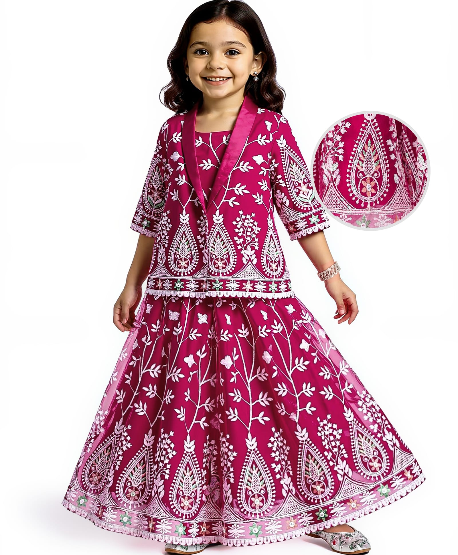 Babyhug Woven Three Fourth Sleeves Floral Embroidered Choli Lehenga Set with Jacket - Pink-image-23