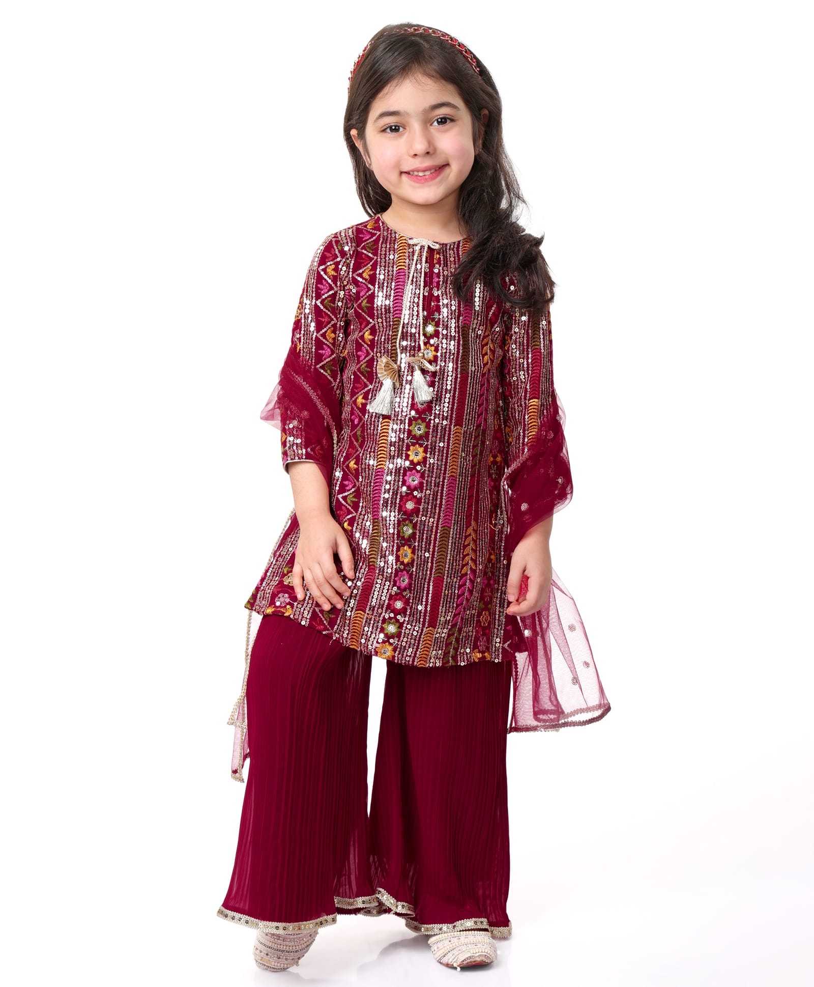 Babyhug Woven Georgette Three Fourth Sleeves Sequins Embroidered Kurti Palazzo Set with  Dupatta - Hot Pink-image-38