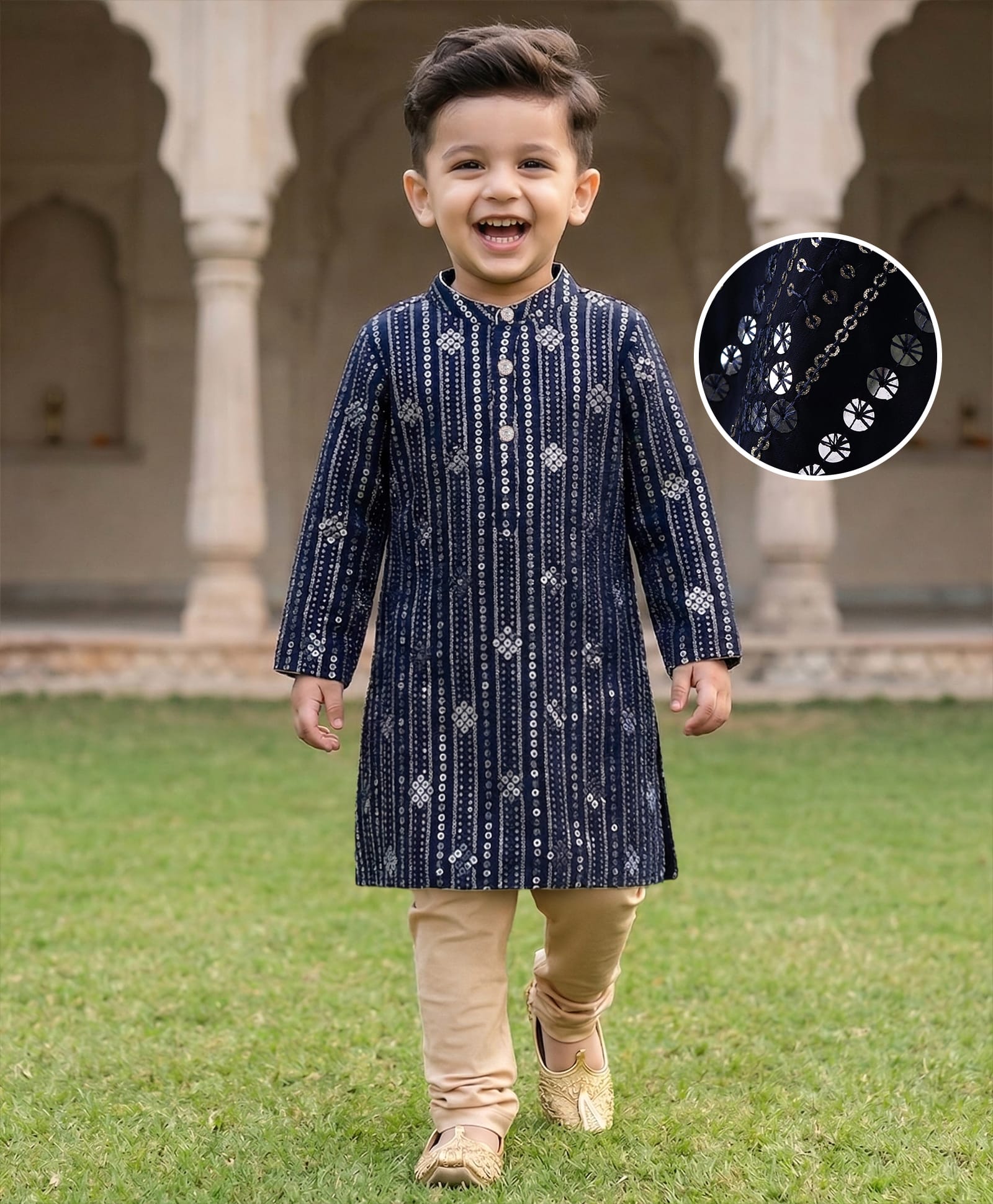 Babyhug Woven Full Sleeves Sequined Kurta Pyjama Set -Navy Blue-image-46