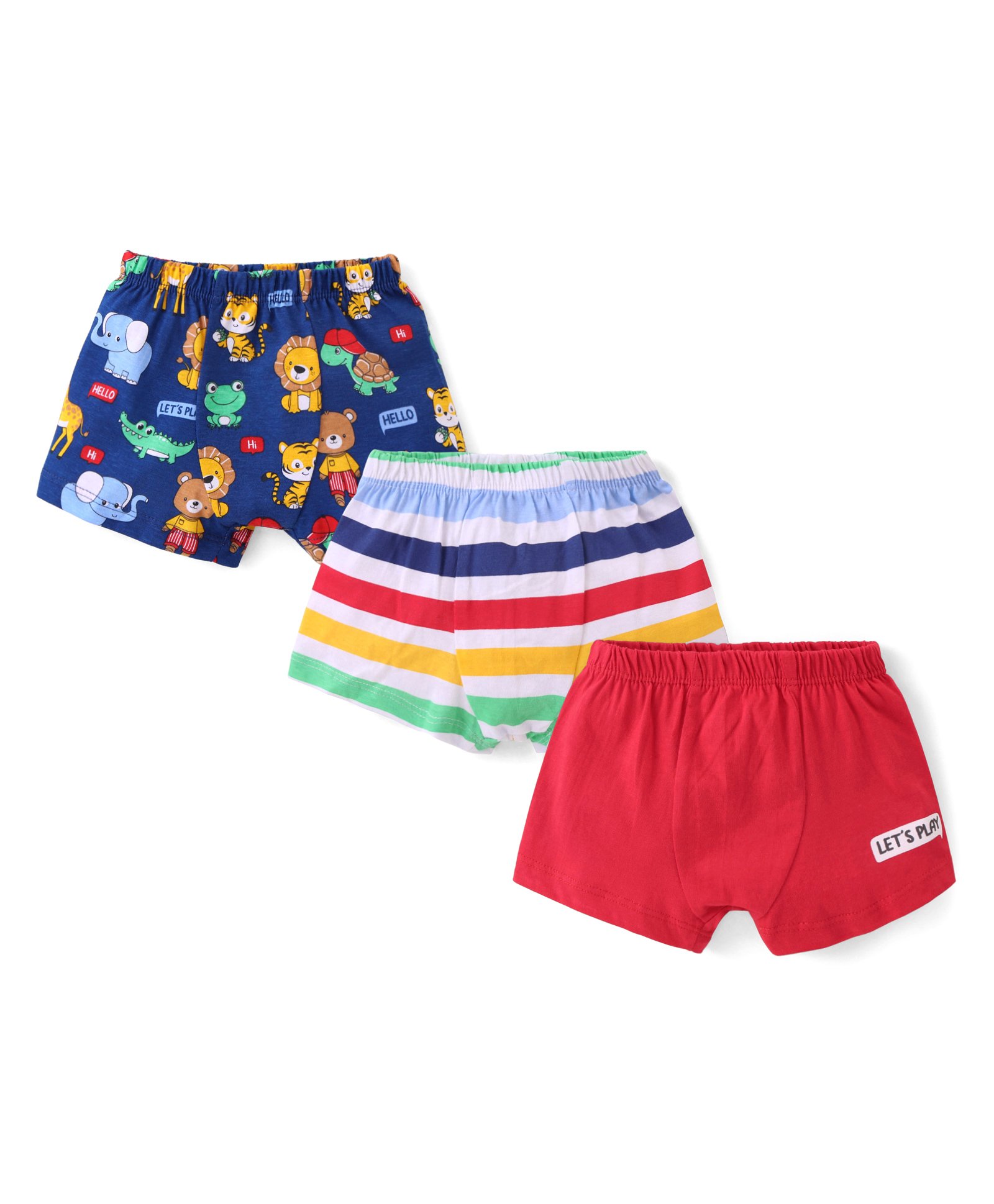 Babyhug 100% Cotton Trunks Solid Striped & Animal Print Pack of 3 - Multicolour-image-5