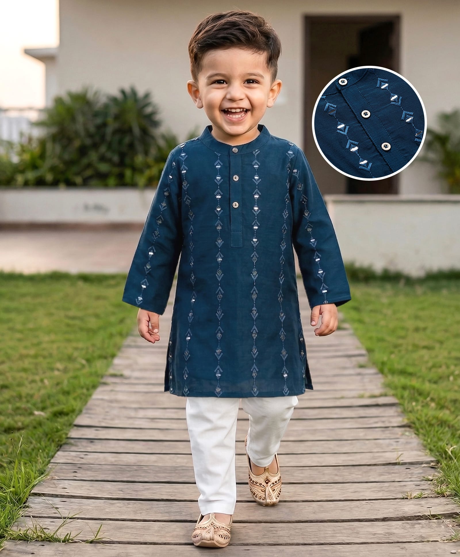 Babyhug Woven Full Sleeves Kurta Pyjama Set with Mirror Work Embroidery - Navy Blue-image-20