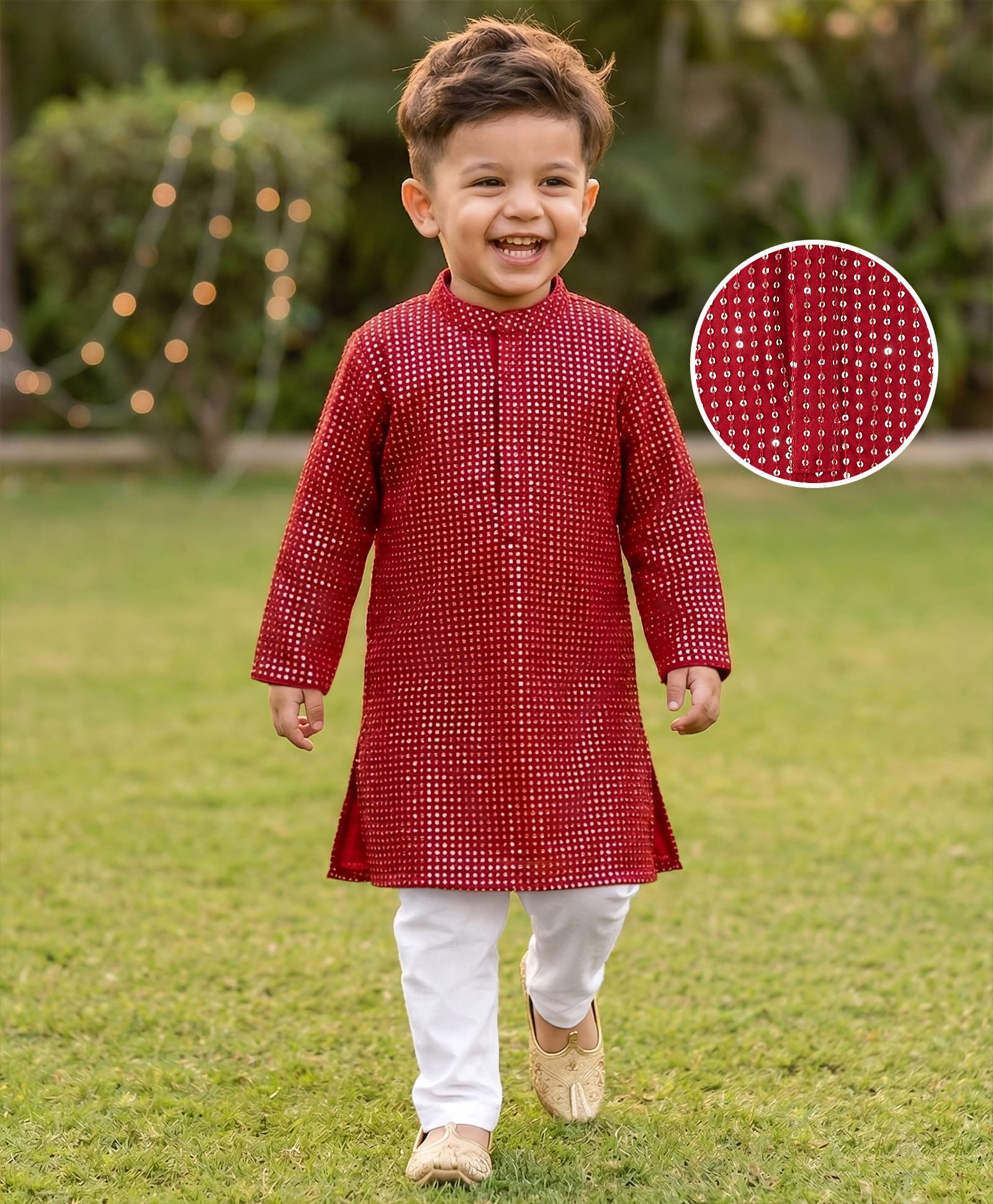Babyhug Woven Full Sleeves Sequinned Kurta Pyjama Set - Red-image-1