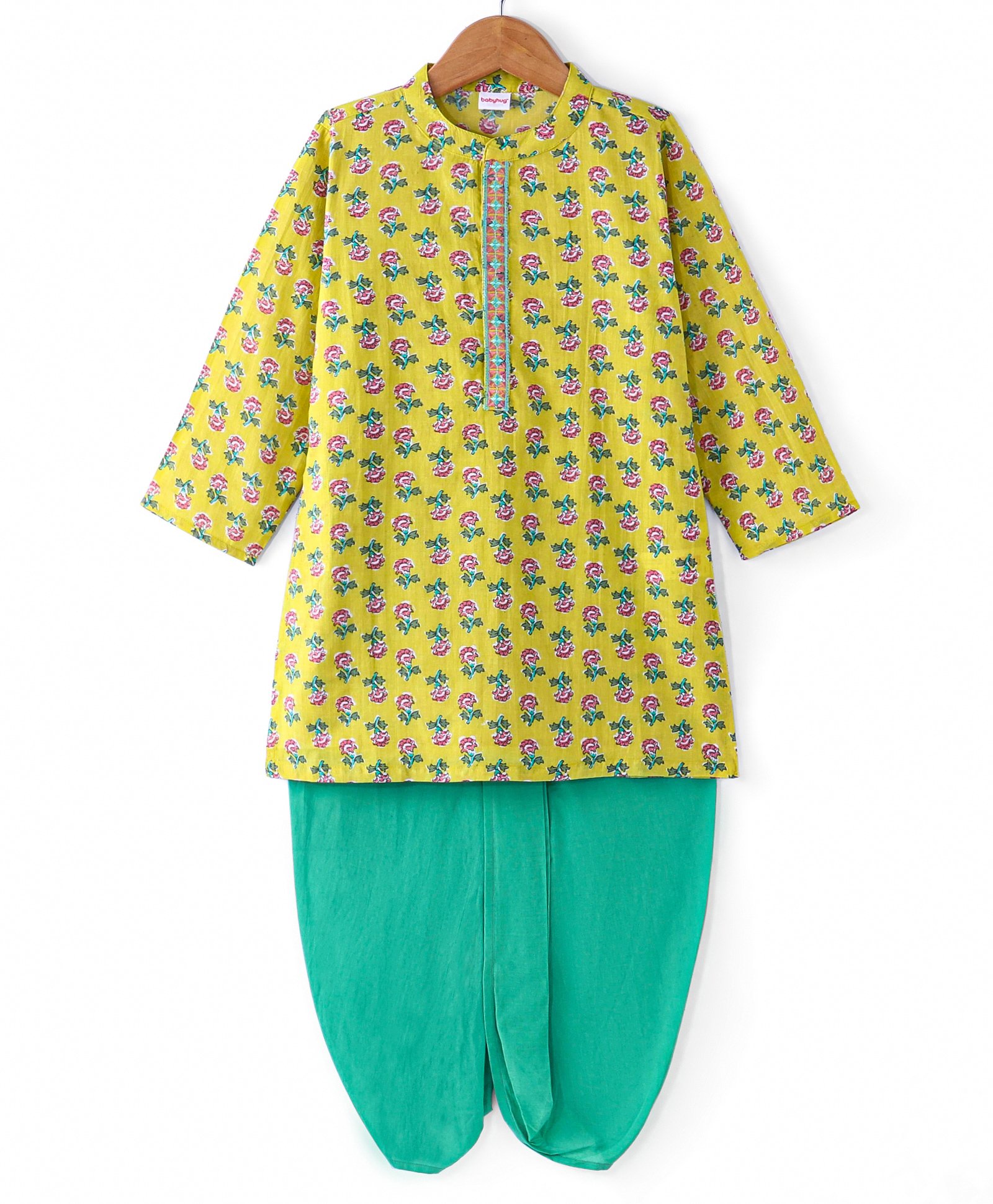 Babyhug Cambric Woven Full Sleeves Kurta Dhoti Set Floral Print - Lime-picture-16