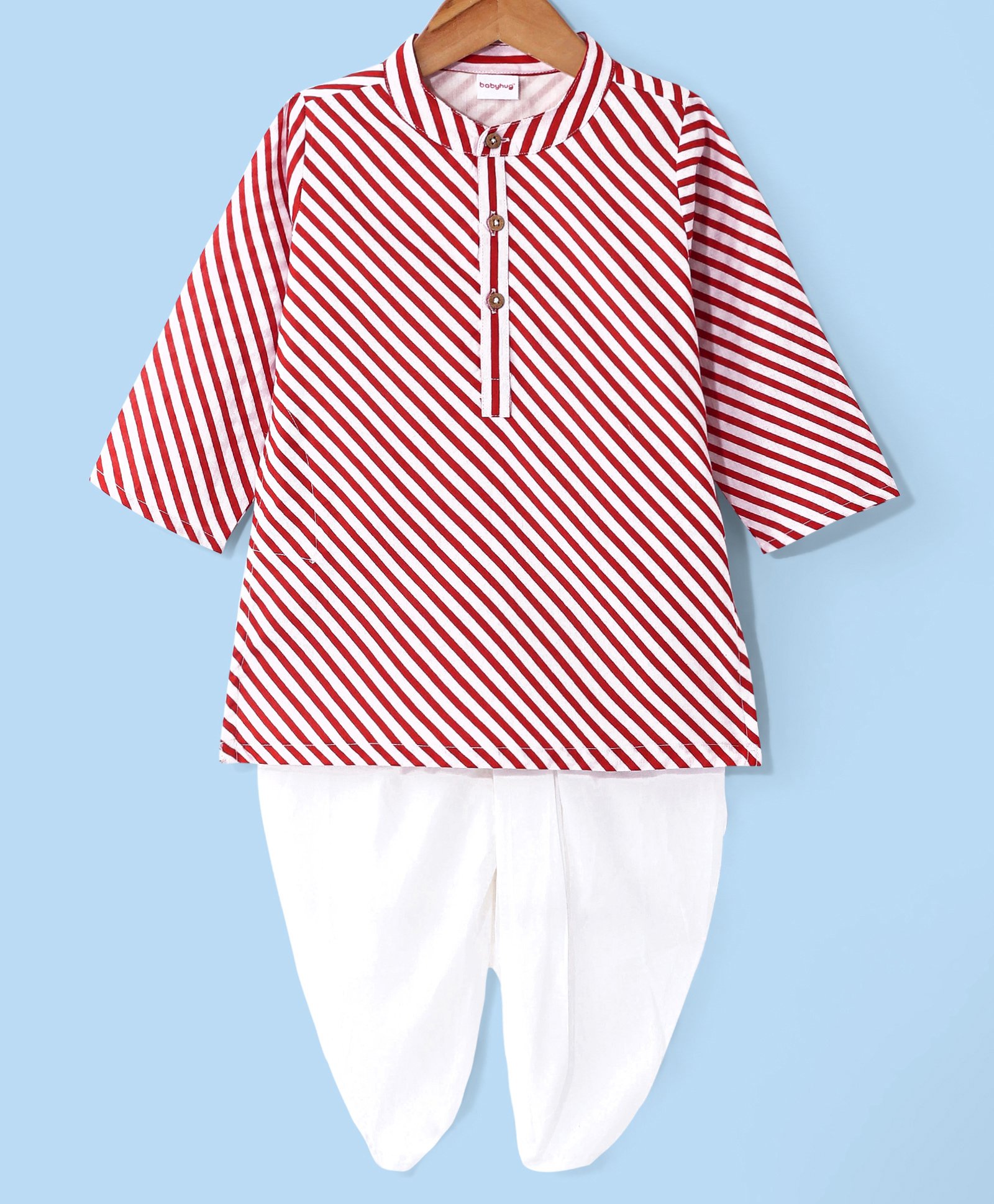 Babyhug Cambric Full Sleeves Striped Kurta Dhoti Set - Red & White-image-24