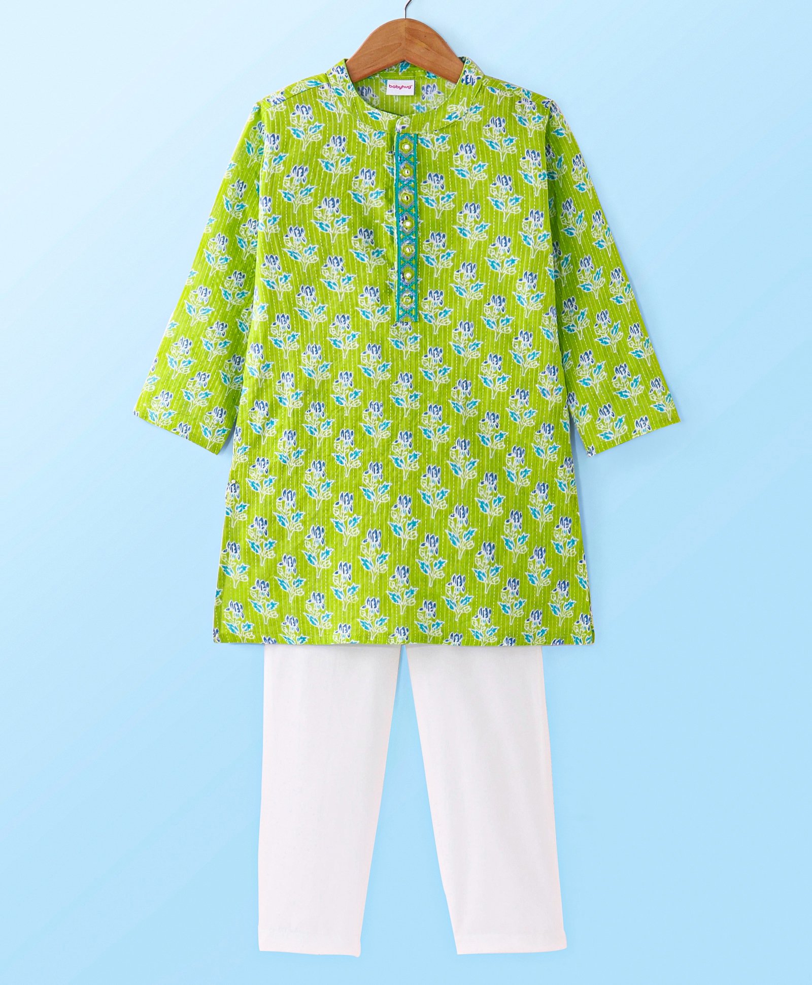 Babyhug Cambric Woven Kurta Pyjama Set Floral Print - Green-picture-16