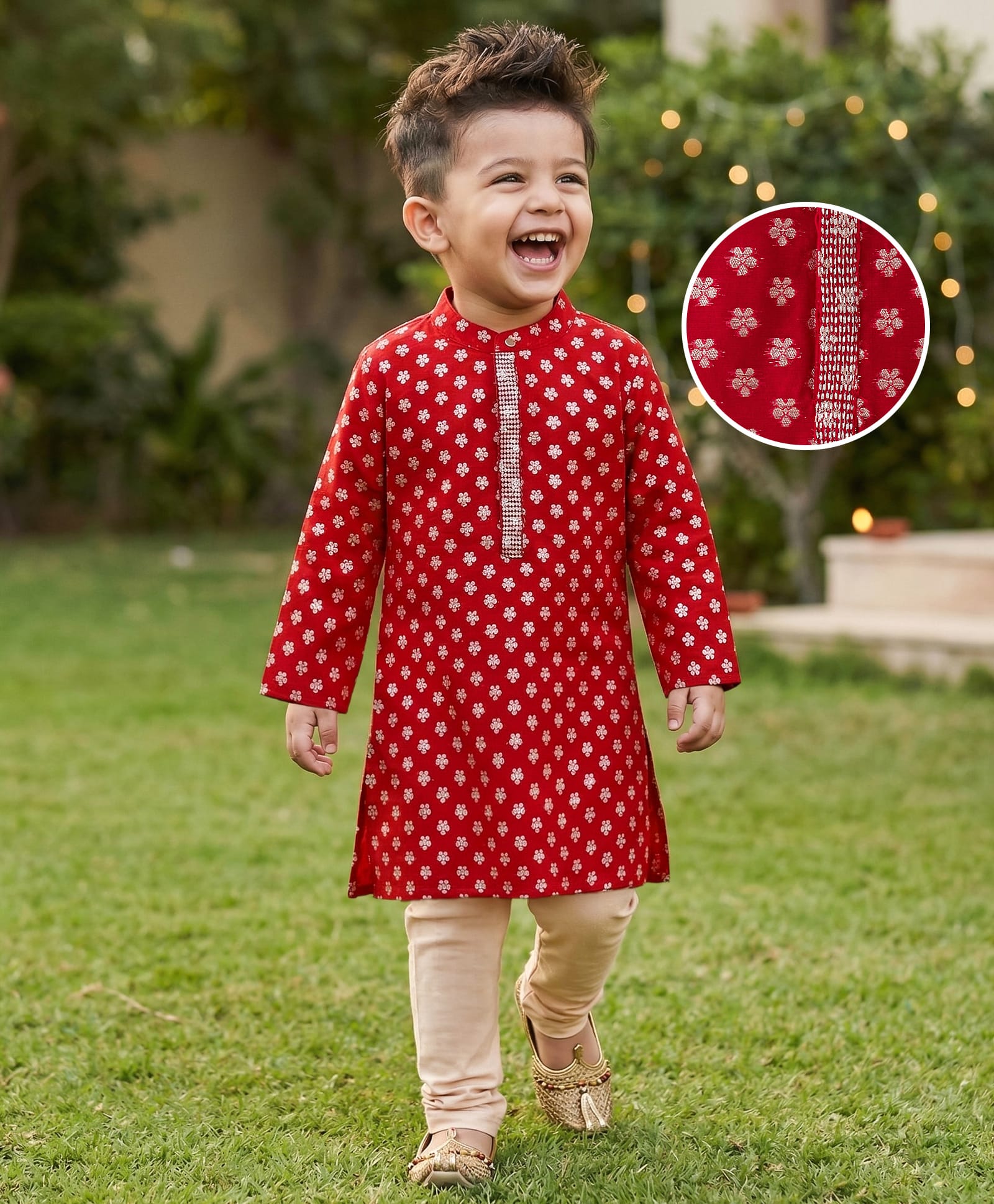 Babyhug Woven Full Sleeves Foil Printed Kurta Pyjama Set - Red-picture-26