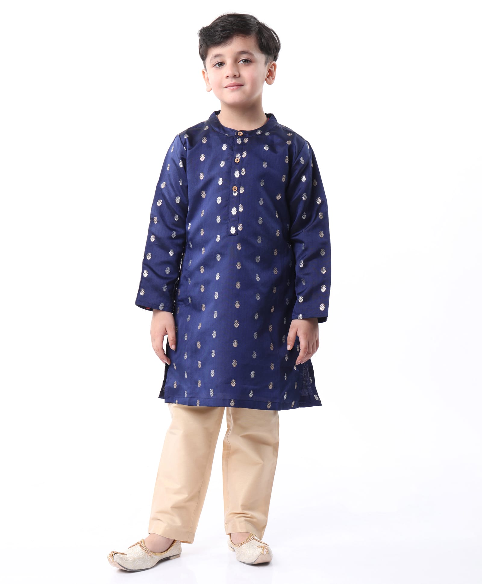 Babyhug Lurex Woven Full Sleeves Dobby Kurta Payjama Set with Floral Foil Print -  Navy Blue-image-19