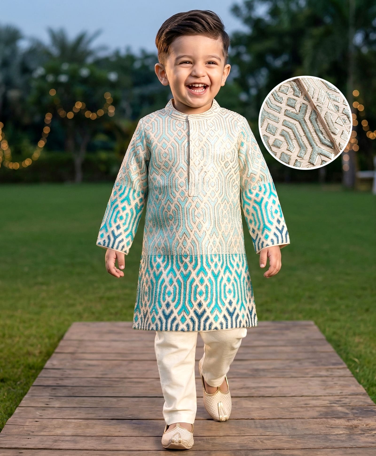 Babyhug Woven Full Sleeves Kurta Pyjama Set Geometric Print - Aqua-picture-23