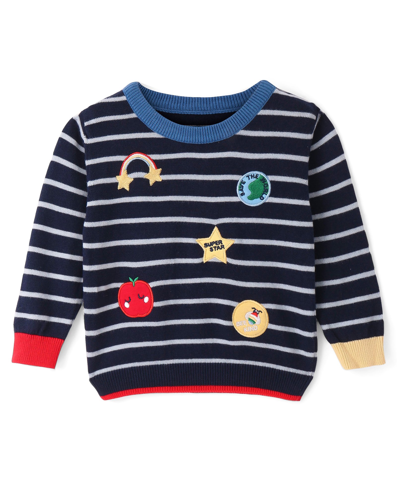 ToffyHouse Cotton Knit Full Sleeves Sweater with Rainbow & Star Embroidery - Navy Blue-image-13