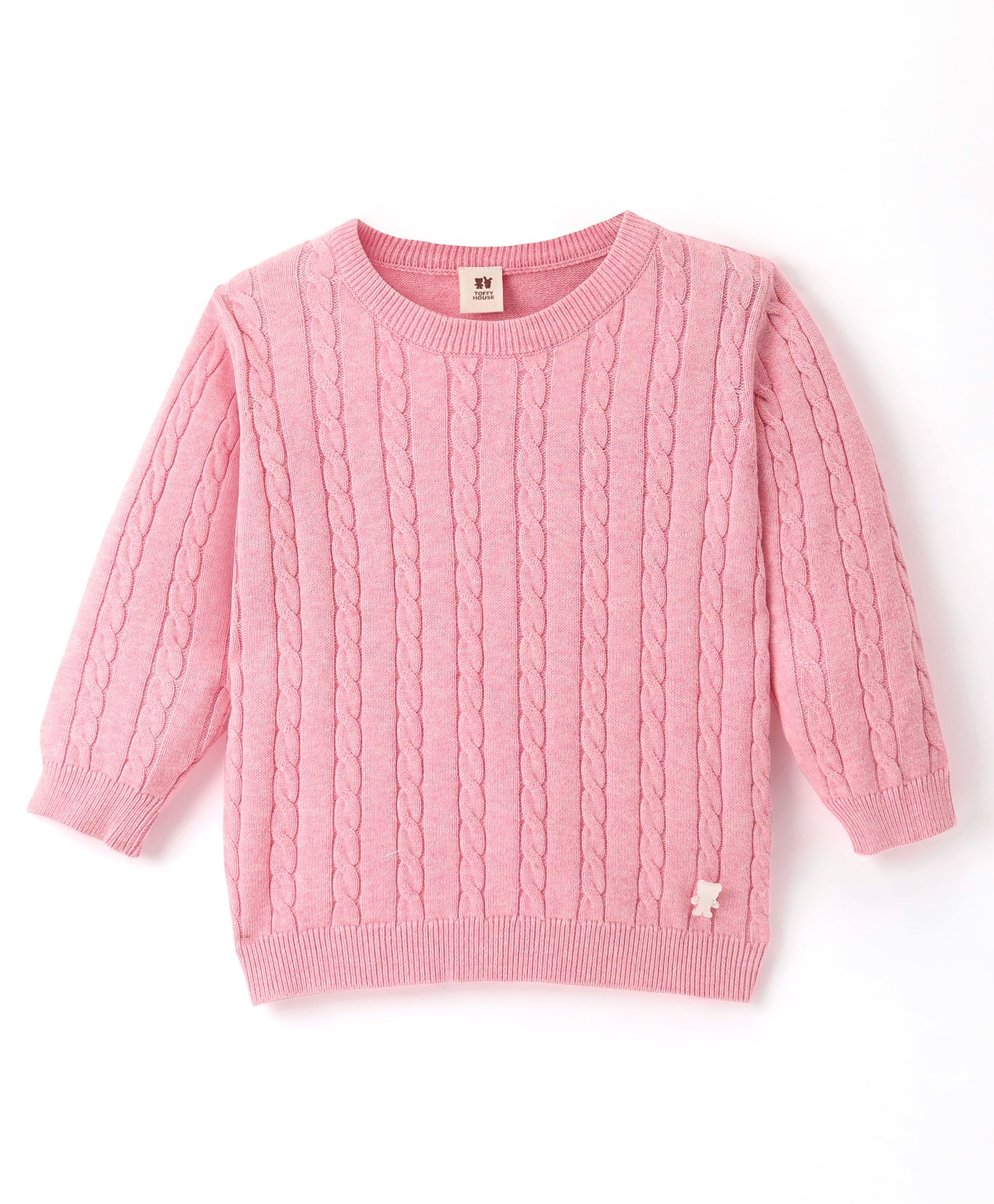 ToffyHouse 00% Supercombed Cotton Flatknit Full Sleeves Pullover Sweater Cable Knit Design - Pink-image-6