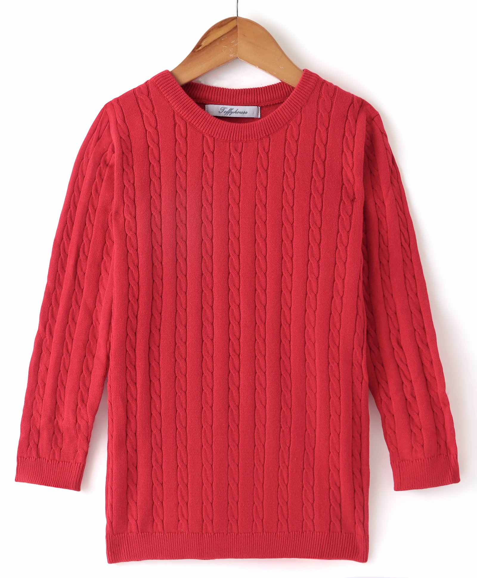 Toffyhouse 100% Supercombed Cotton Flatknit Full Sleeves Pullover Sweater With Cable Knit Design- Red-picture-10