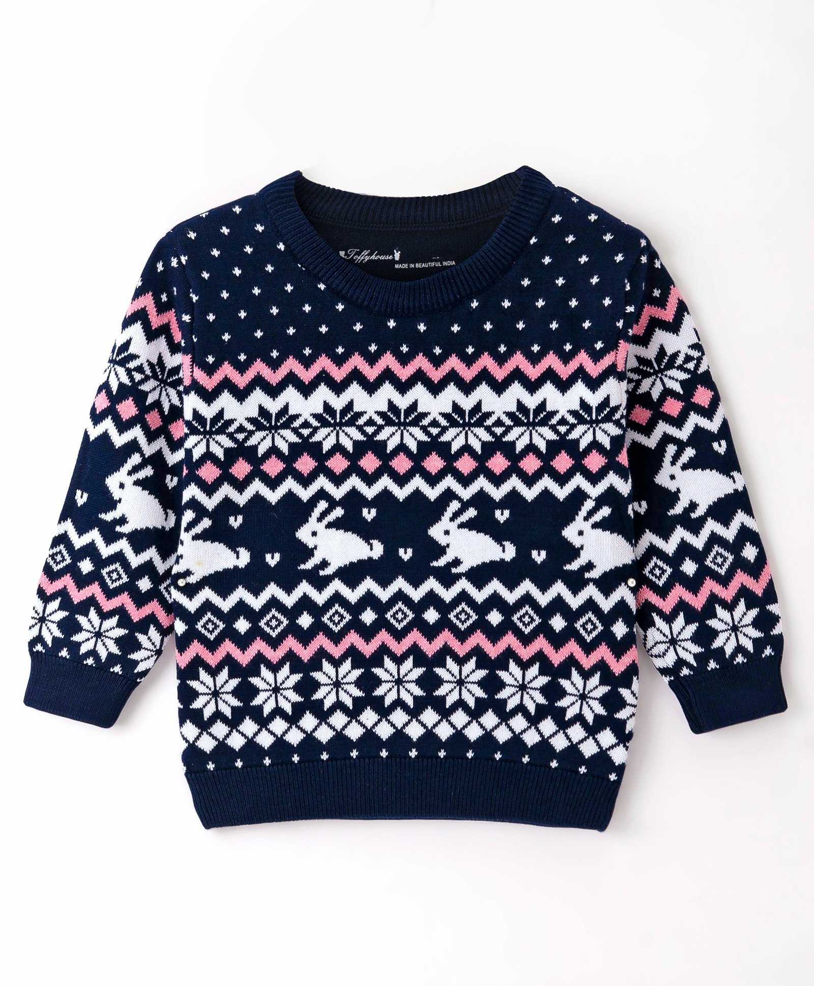 ToffyHouse Cotton Flatknitted Full Sleeves Pullover Sweatshirt With Bunny & Polka Dots Design - Navy Blue-image-44