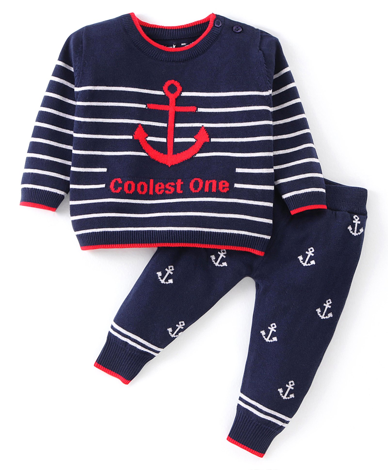 ToffyHouse Cotton Flatknitted T-Shirt & Lounge Pants Set With Nautical Design - Navy-image-7