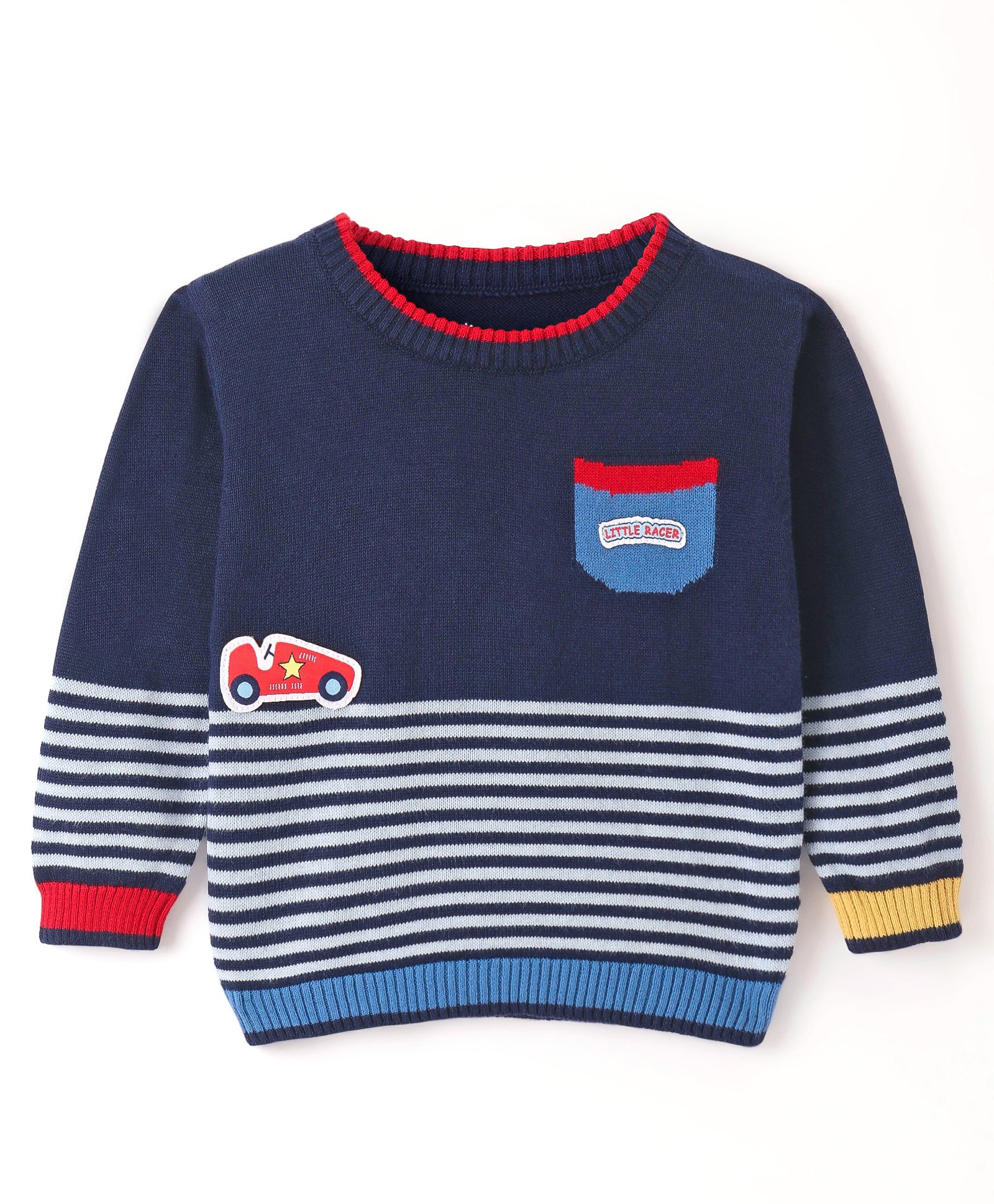 ToffyHouse Cotton Knit Full Sleeves Sweater with Car & Striped Print -Navy Blue-image-12