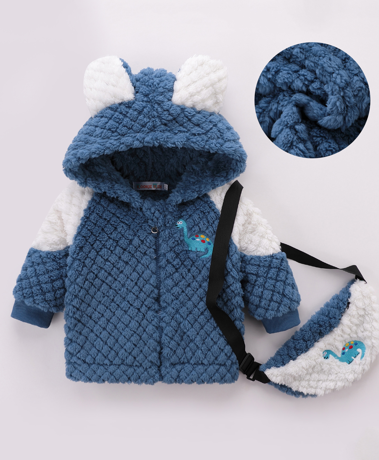 Kookie Kids Full Sleeves Front Open Hooded Fur Jacket With Dino Patch Detailing & Side Purse - Blue-picture-13