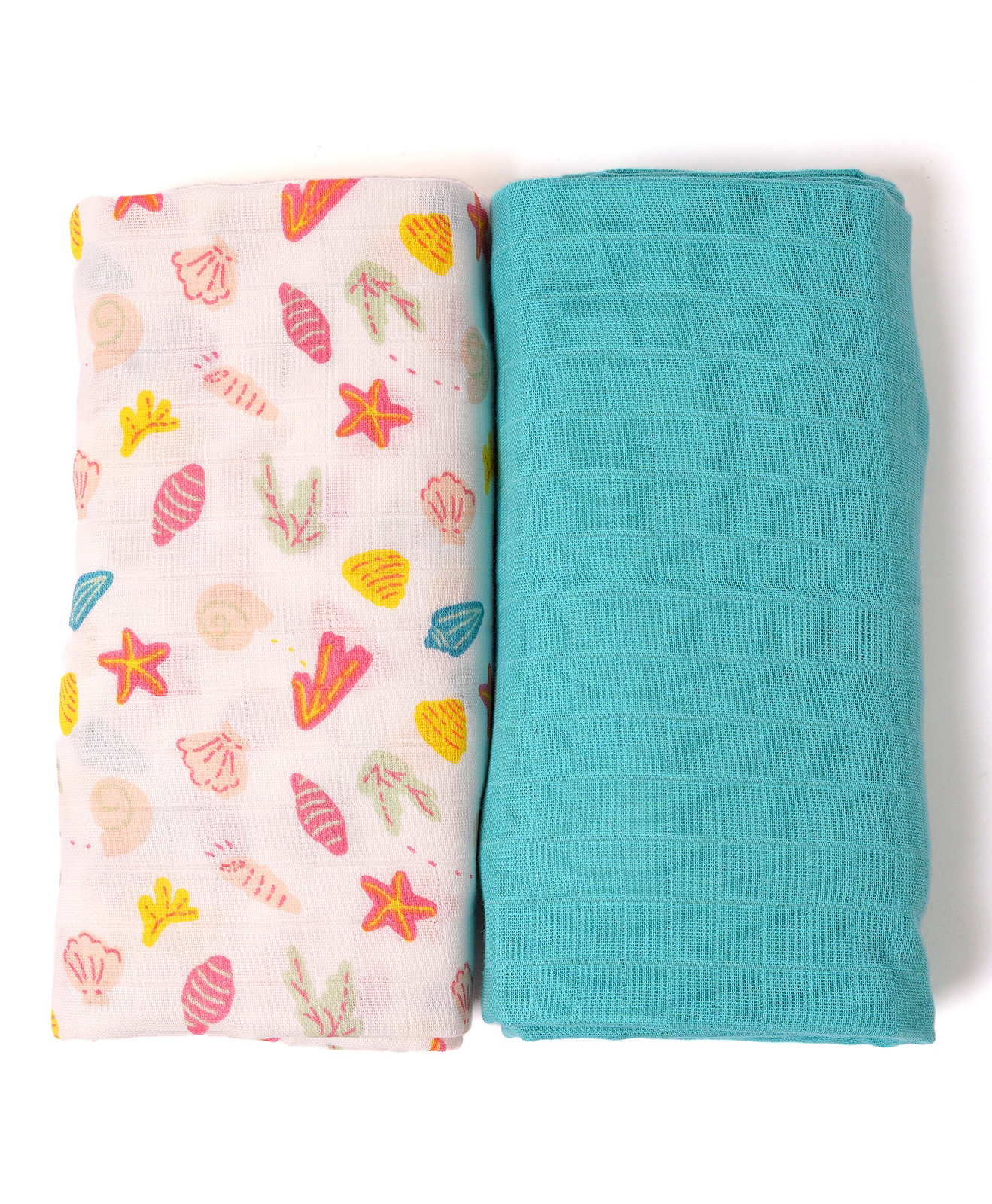 TIDY SLEEP Cotton Muslin Swaddle - Shells & Solid Sea Green-Pack Of 2-picture-14